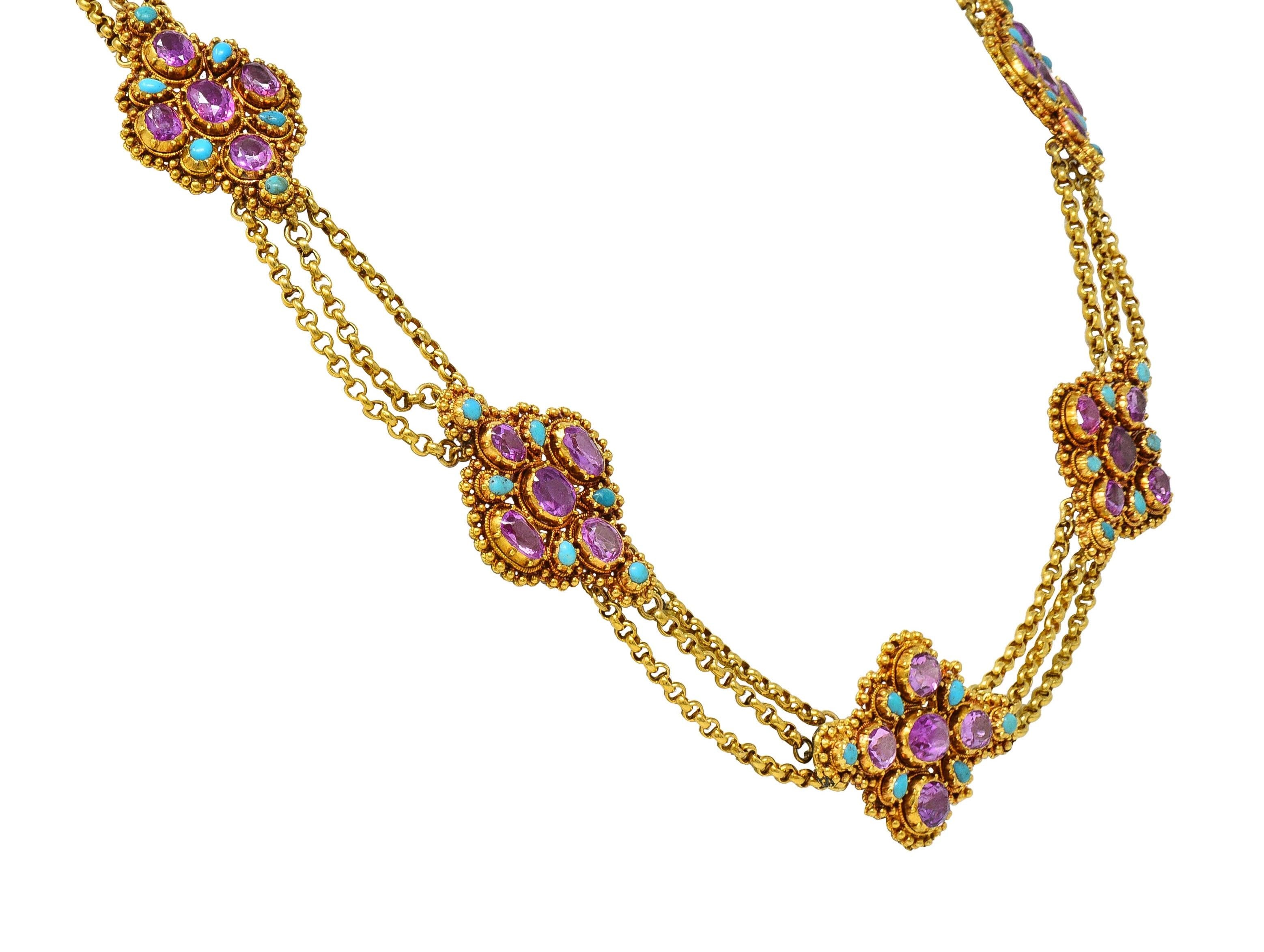 Victorian Etruscan Pink Sapphire Turquoise 18K Gold Antique Station Necklace