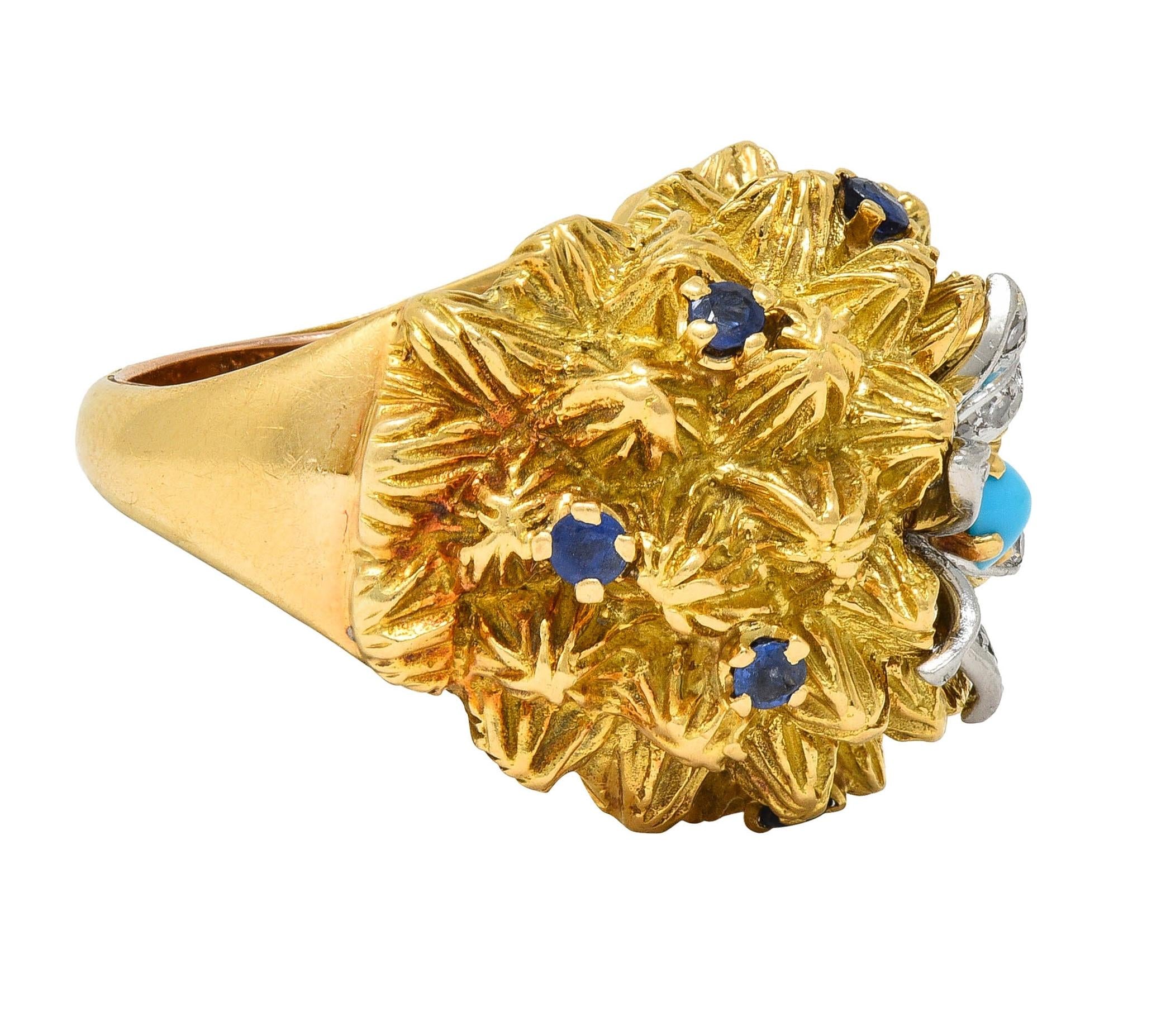 French Sapphire Diamond Turquoise Platinum 18 Karat Yellow Gold Cactus Ring