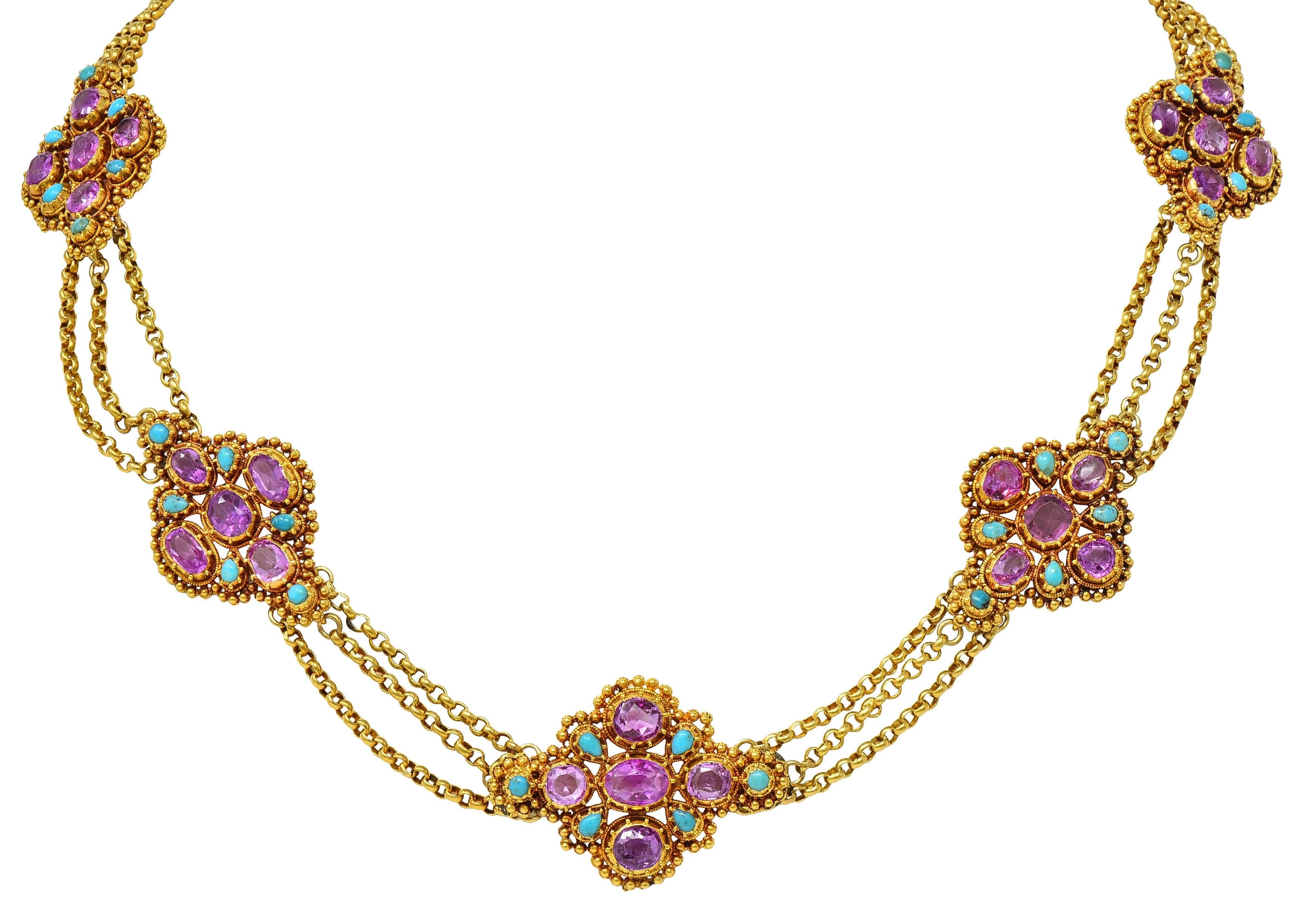 Victorian Etruscan Pink Sapphire Turquoise 18K Gold Antique Station Necklace