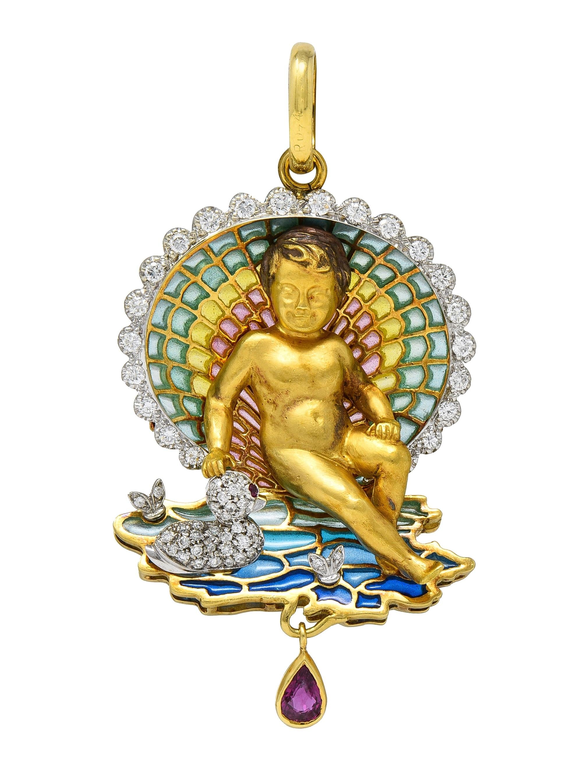 Plique-a-jour Diamond Ruby Enamel 18 Karat Gold Cherub Duck Pond Pendant