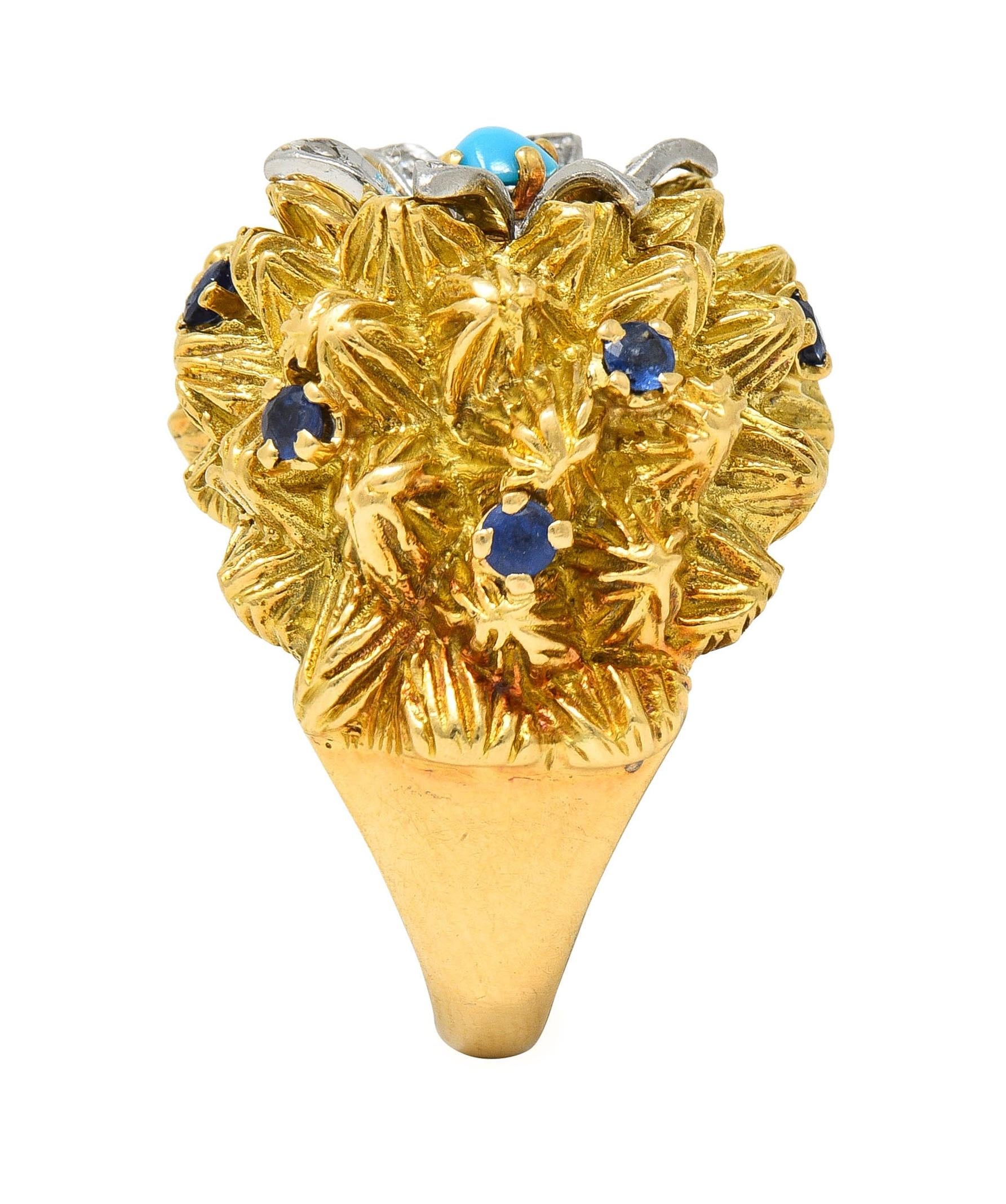 French Sapphire Diamond Turquoise Platinum 18 Karat Yellow Gold Cactus Ring