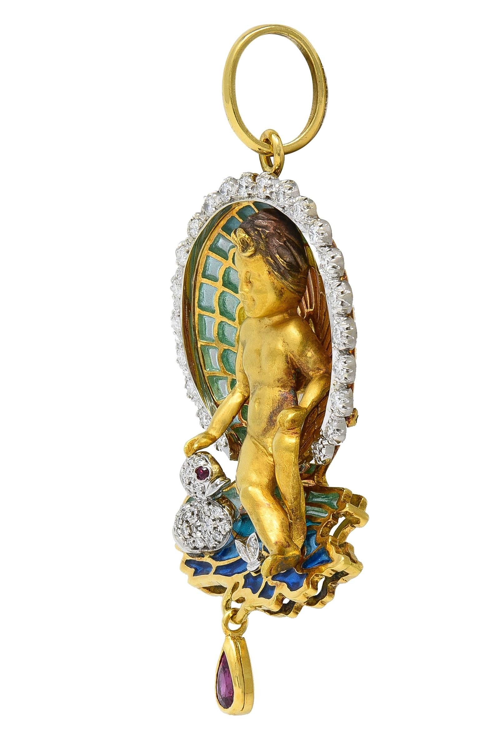 Plique-a-jour Diamond Ruby Enamel 18 Karat Gold Cherub Duck Pond Pendant