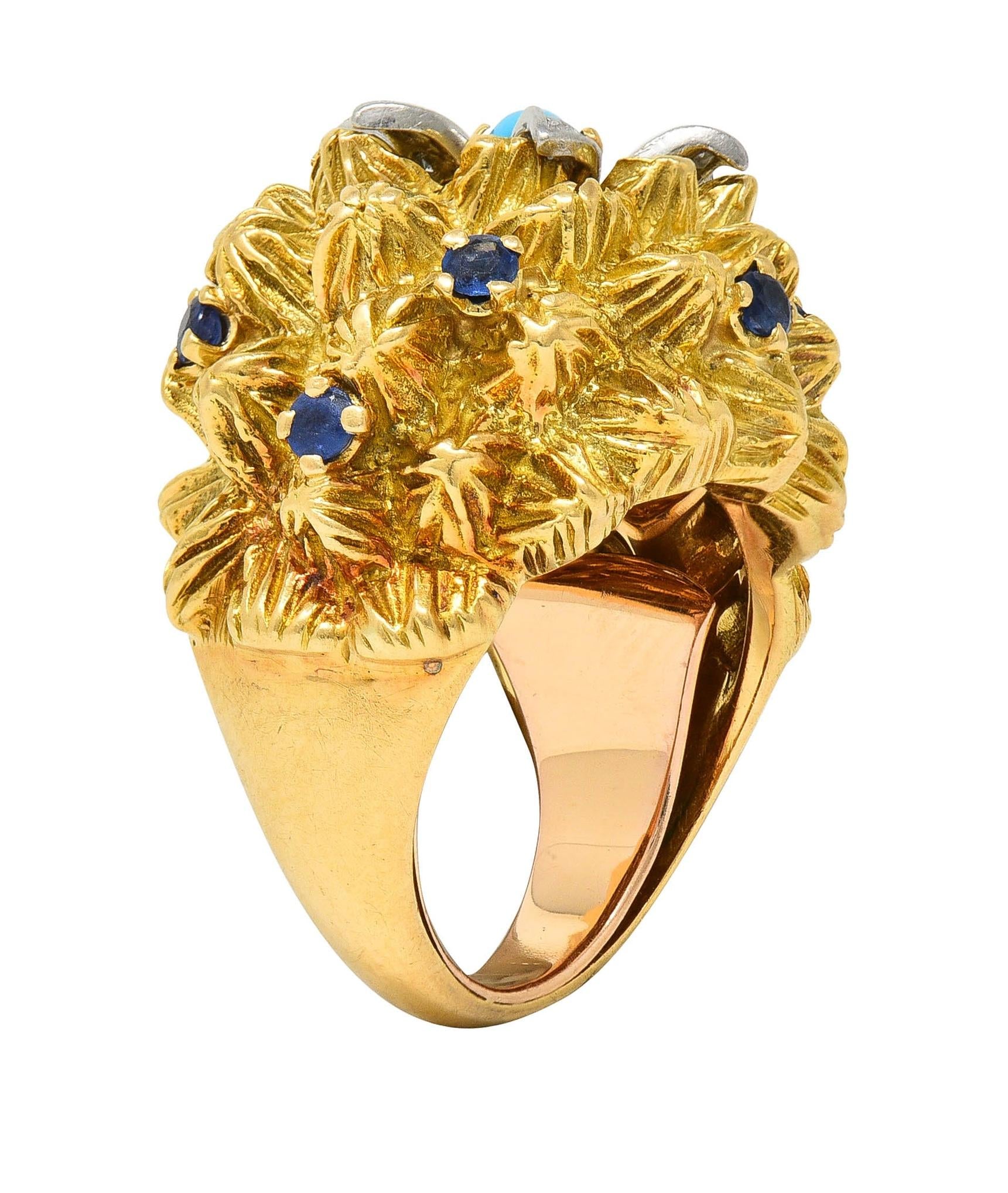 French Sapphire Diamond Turquoise Platinum 18 Karat Yellow Gold Cactus Ring