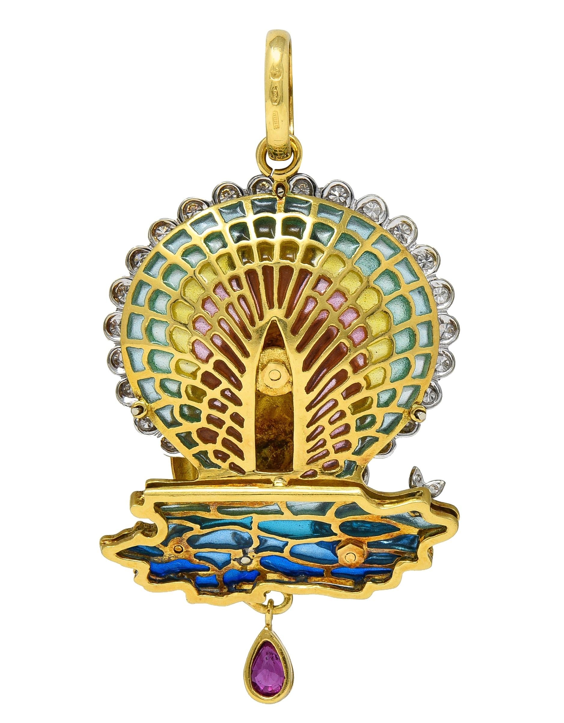 Plique-a-jour Diamond Ruby Enamel 18 Karat Gold Cherub Duck Pond Pendant