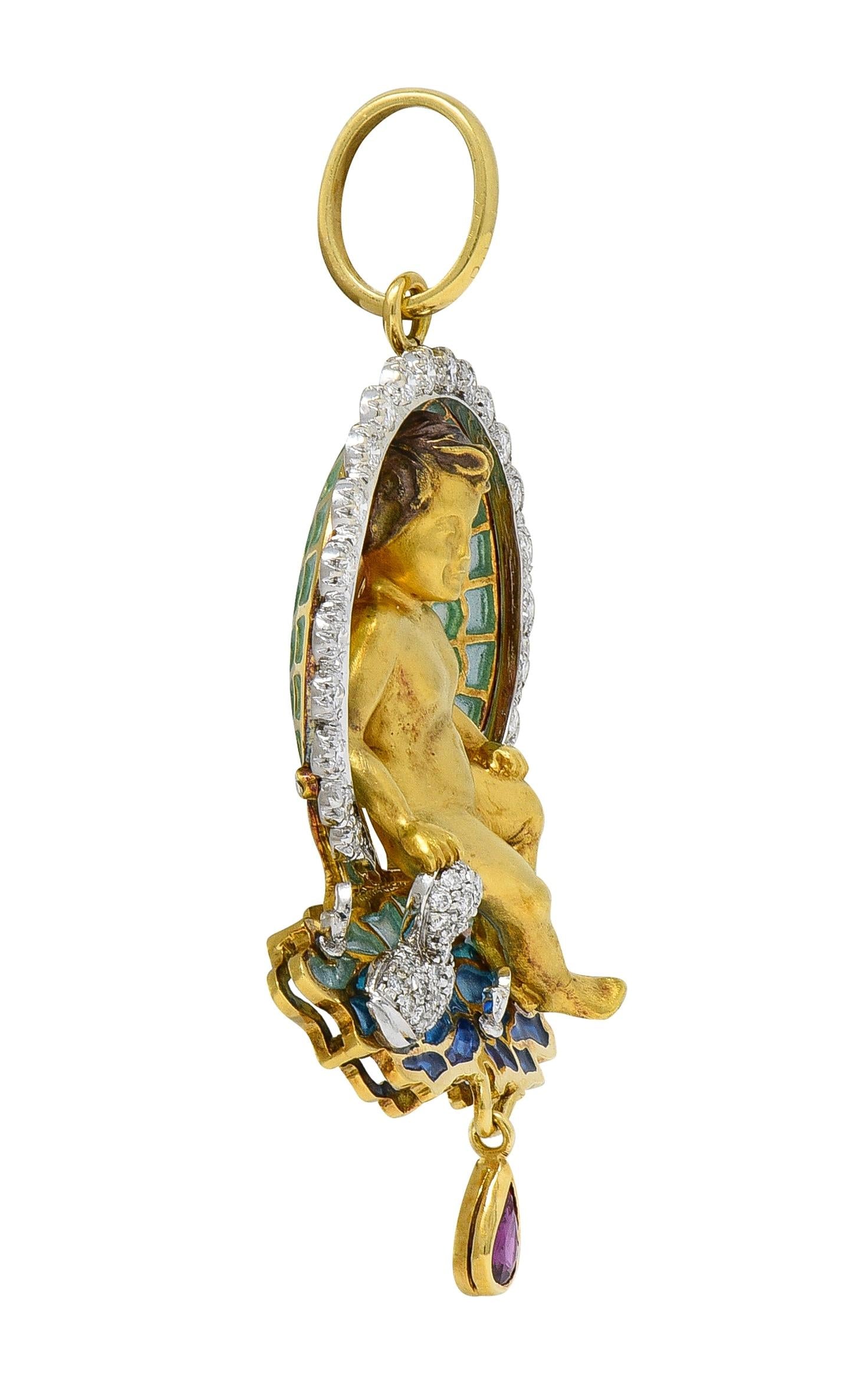 Plique-a-jour Diamond Ruby Enamel 18 Karat Gold Cherub Duck Pond Pendant