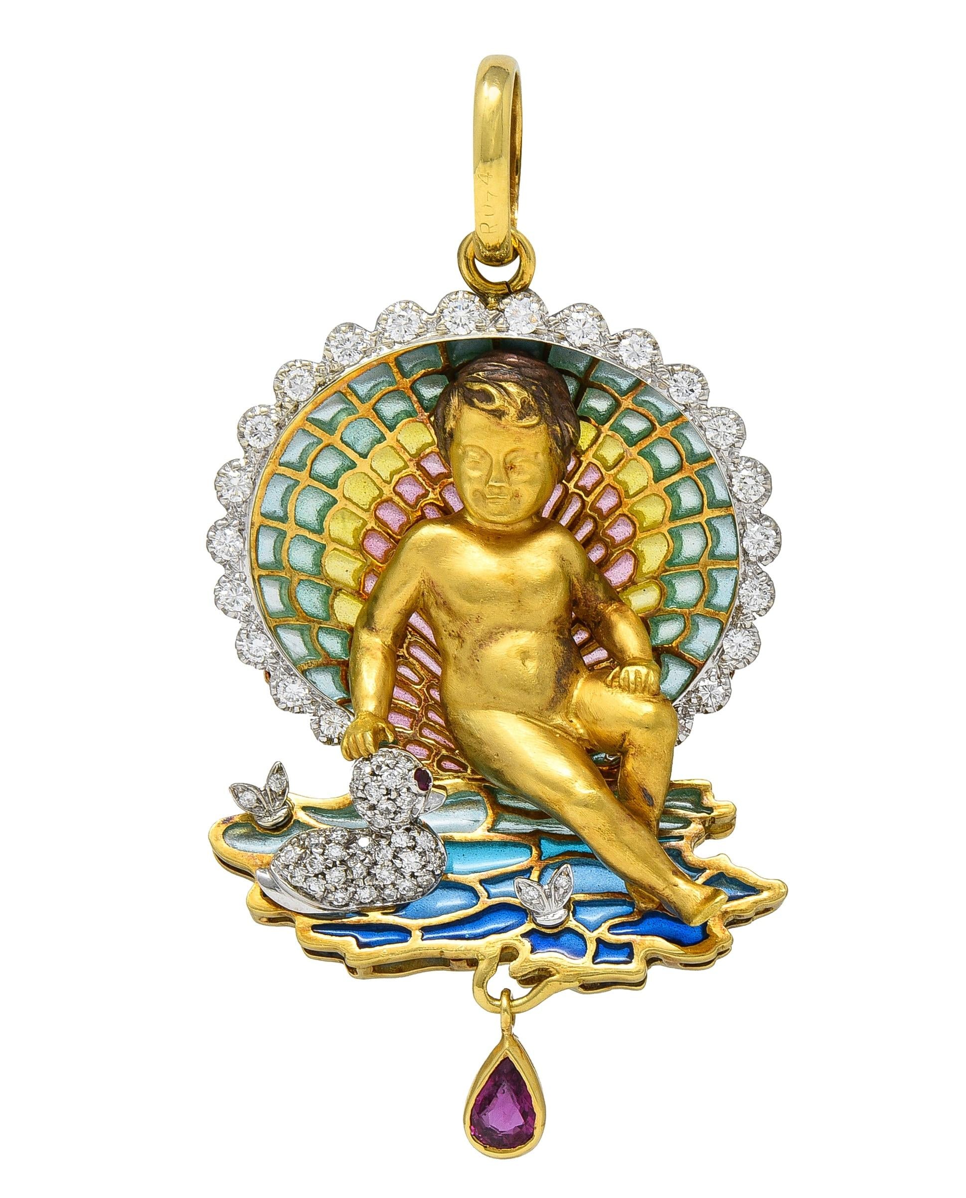 Plique-a-jour Diamond Ruby Enamel 18 Karat Gold Cherub Duck Pond Pendant
