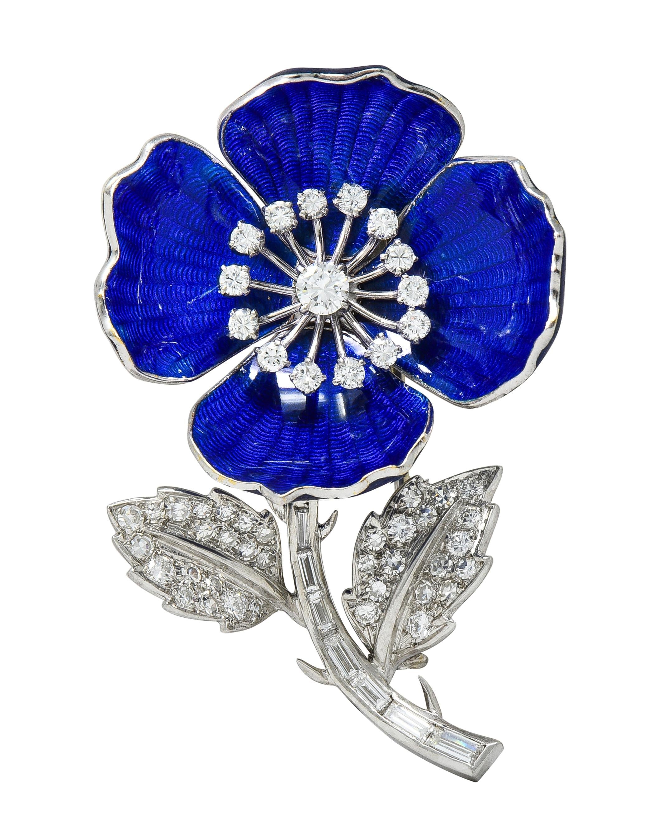 Boucheron Paris Diamond Enamel Platinum 18K Gold Vintage Eglantine Flower Brooch