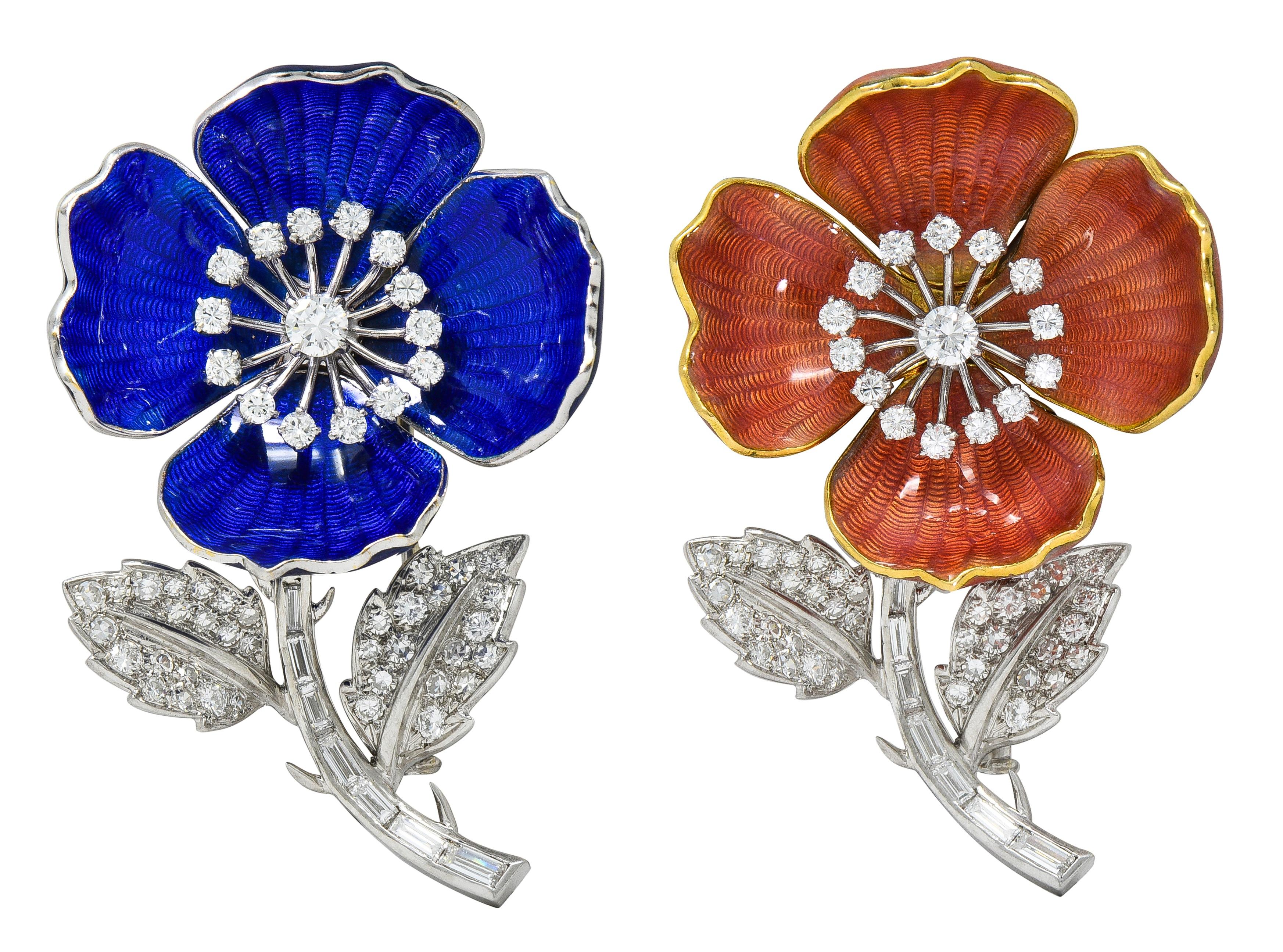 Boucheron Paris Diamond Enamel Platinum 18K Gold Vintage Eglantine Flower Brooch
