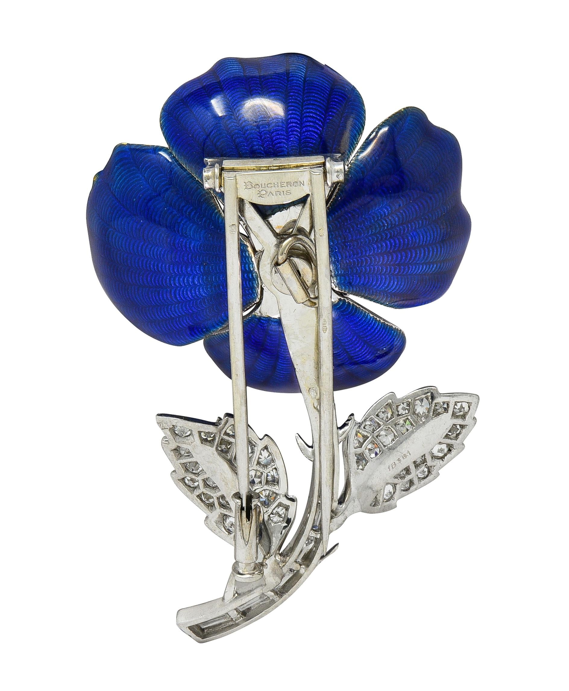 Boucheron Paris Diamond Enamel Platinum 18K Gold Vintage Eglantine Flower Brooch