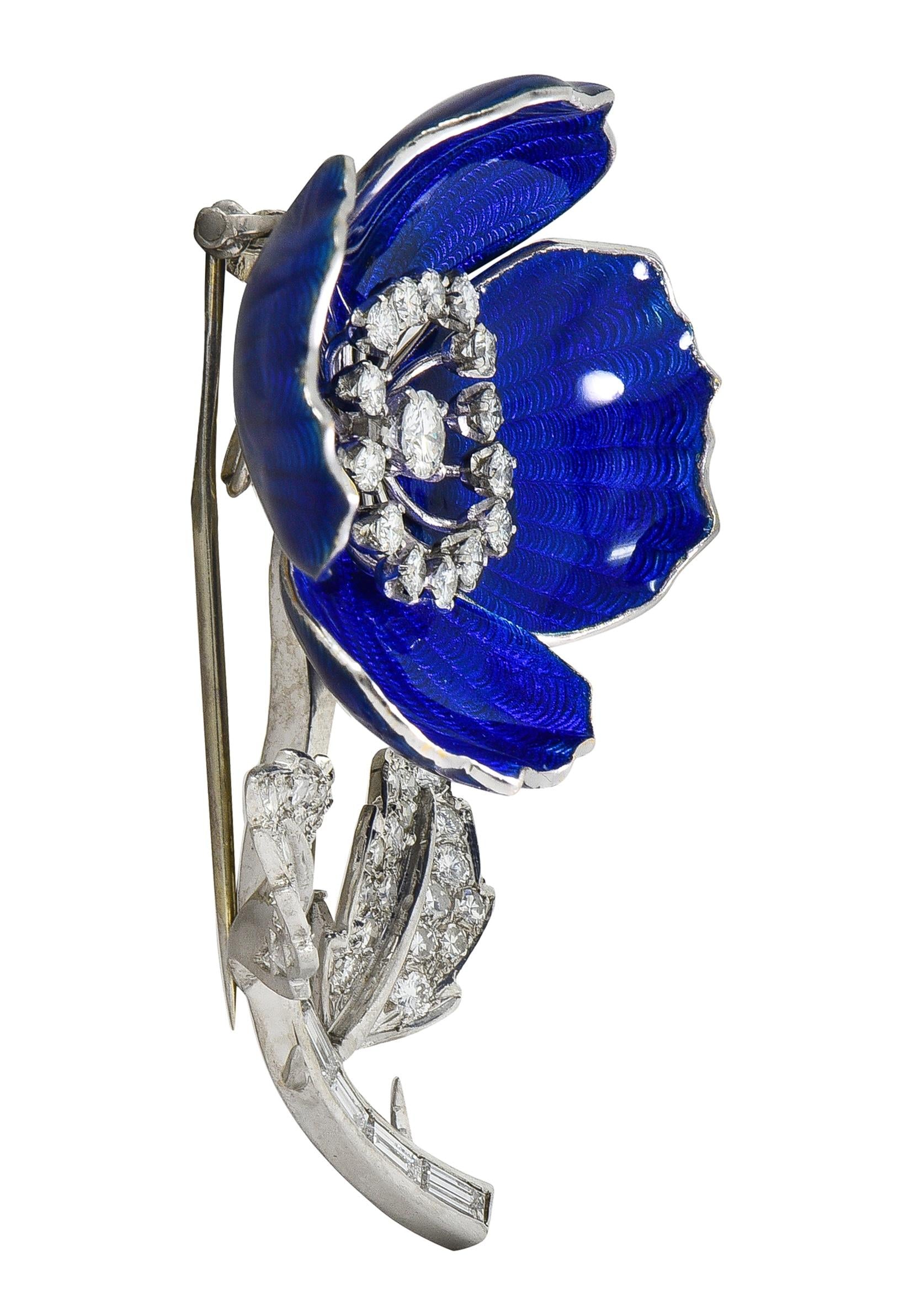 Boucheron Paris Diamond Enamel Platinum 18K Gold Vintage Eglantine Flower Brooch