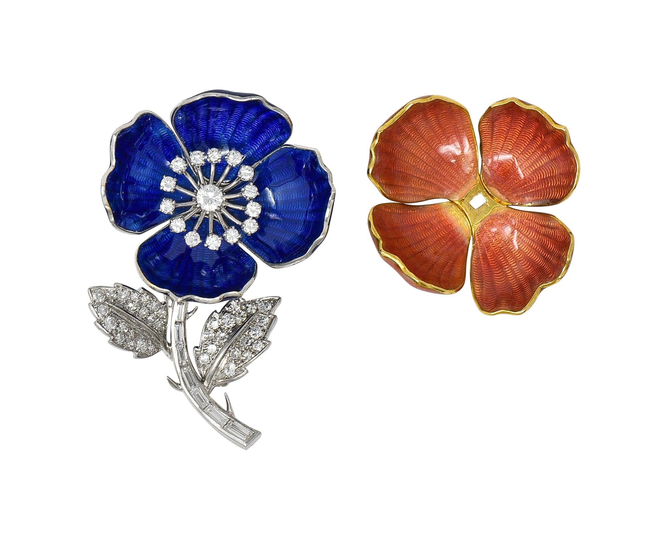Boucheron Paris Diamond Enamel Platinum 18K Gold Vintage Eglantine Flower Brooch