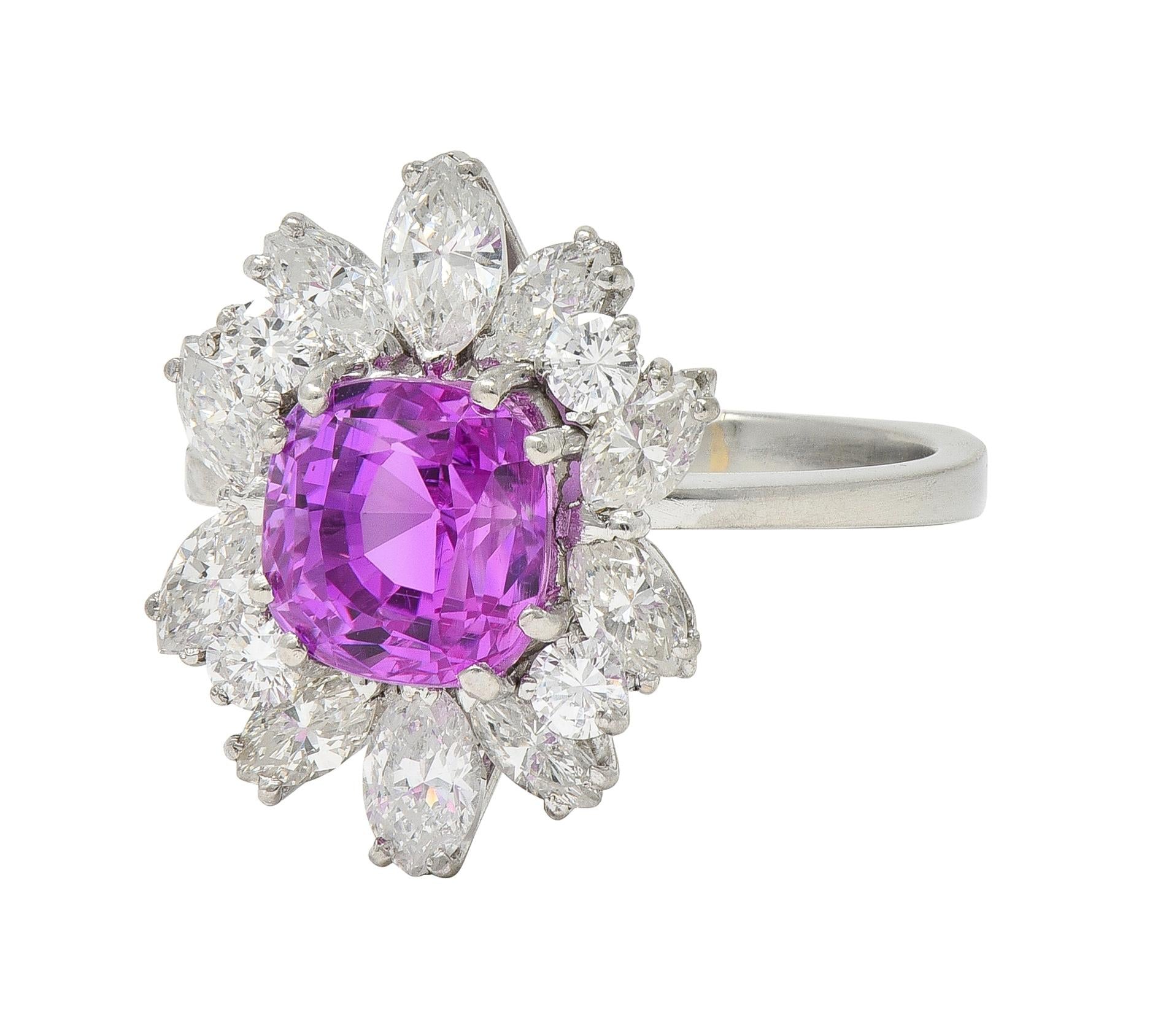 1950's 5.44 CTW Ceylon Pink Sapphire Diamond Platinum Vintage Cluster Ring GIA
