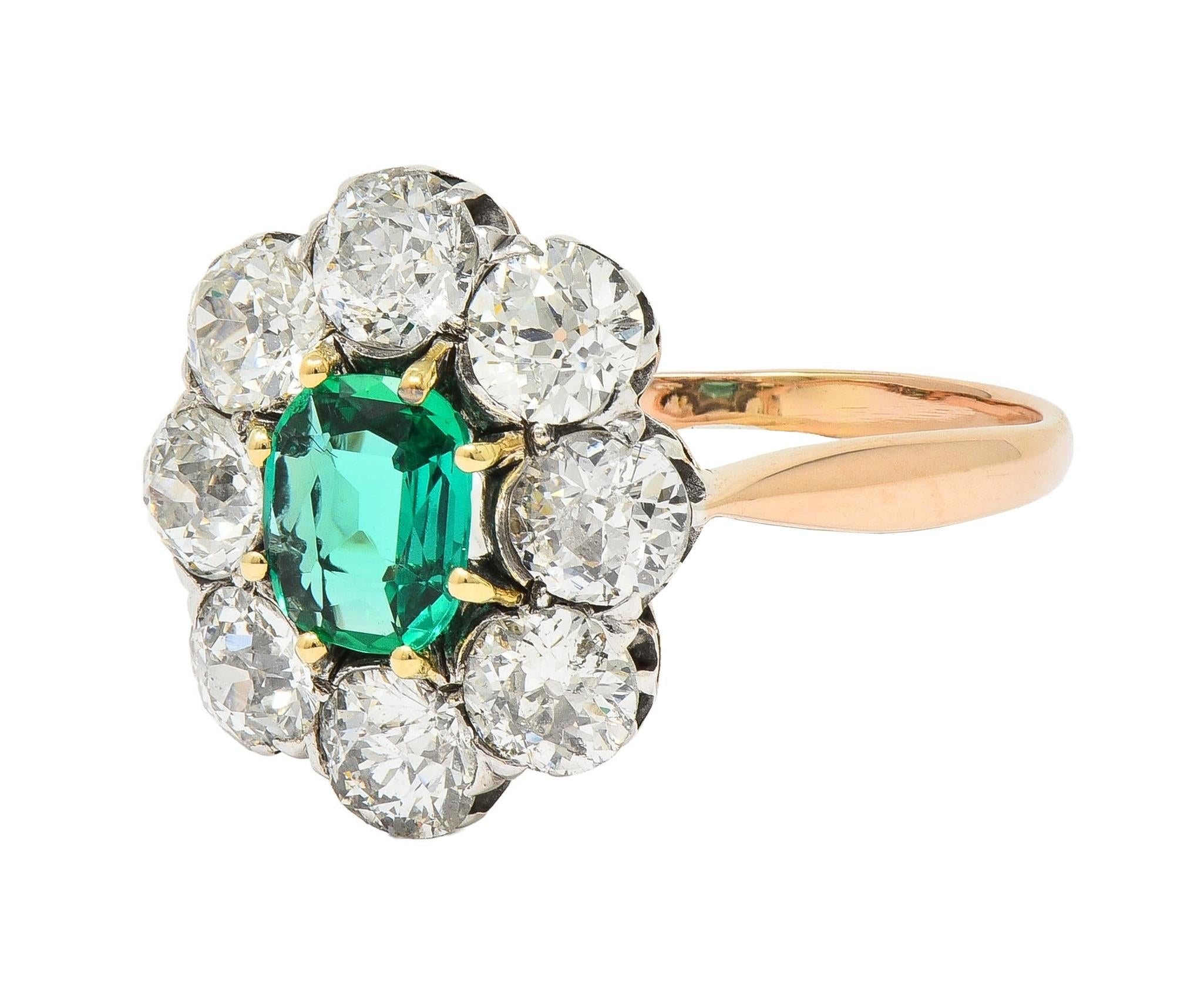 Victorian 2.69 CTW No Oil Colombian Emerald Diamond 14K Gold Antique Ring