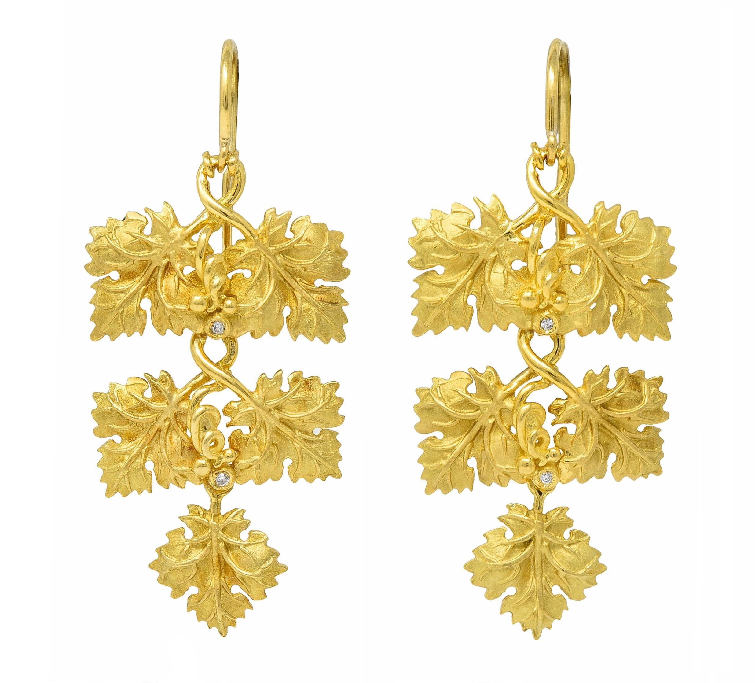 1950's Diamond 18 Karat Yellow Gold Grapevine Vintage Drop Earrings