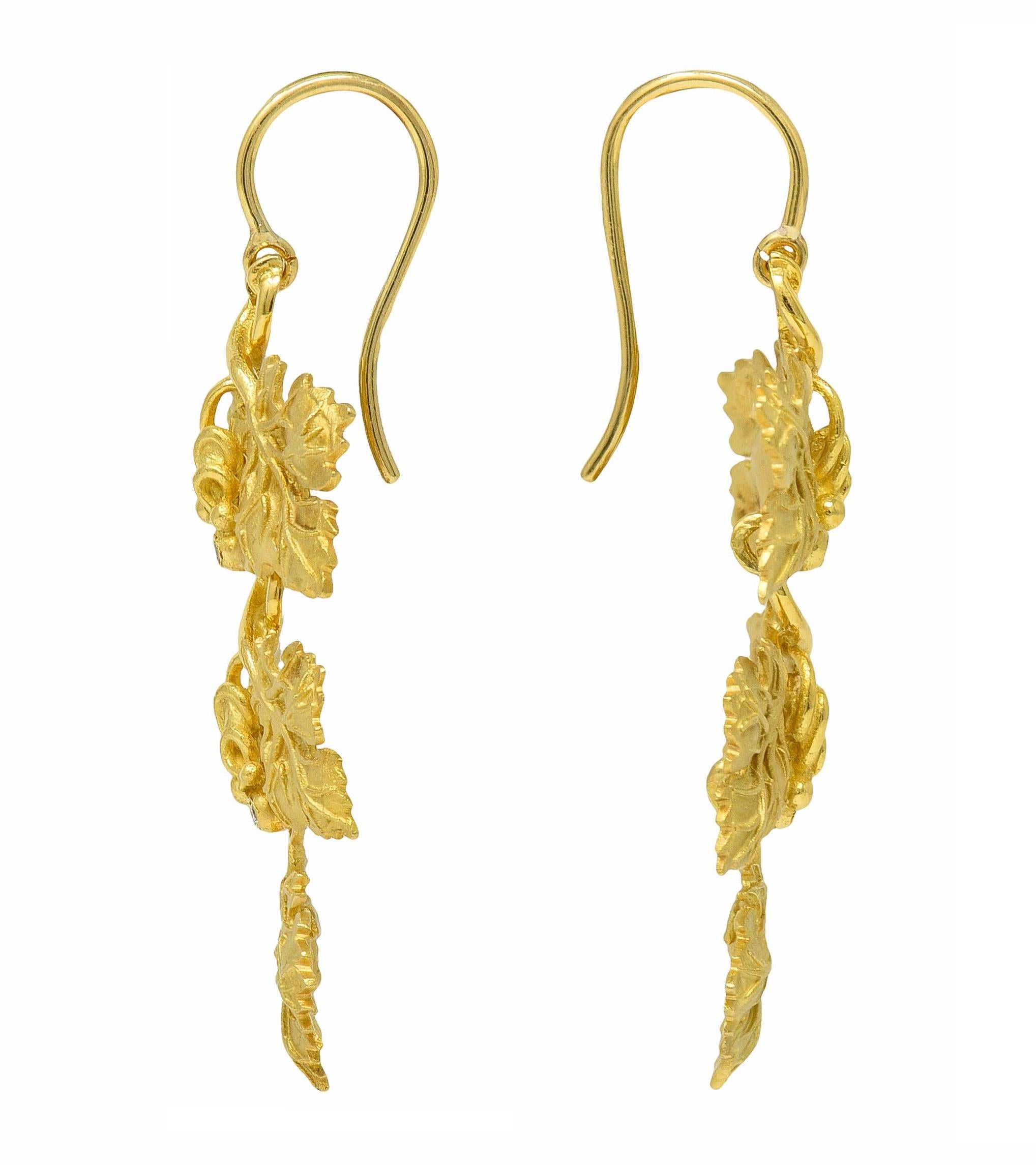 1950's Diamond 18 Karat Yellow Gold Grapevine Vintage Drop Earrings