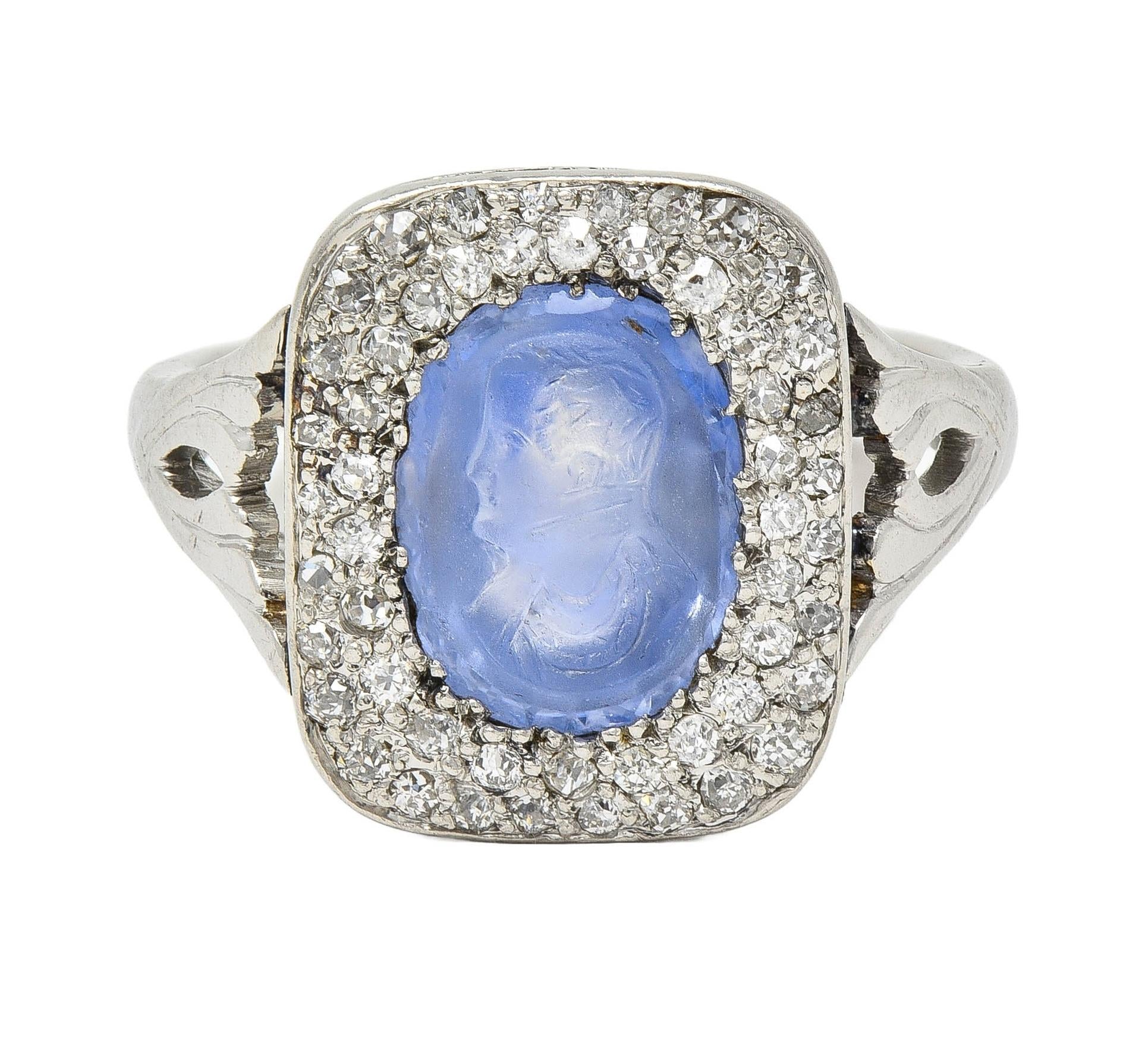 Art Deco 4.45 CTW Sapphire Diamond Platinum Antique Carved Napoleon Cameo Ring