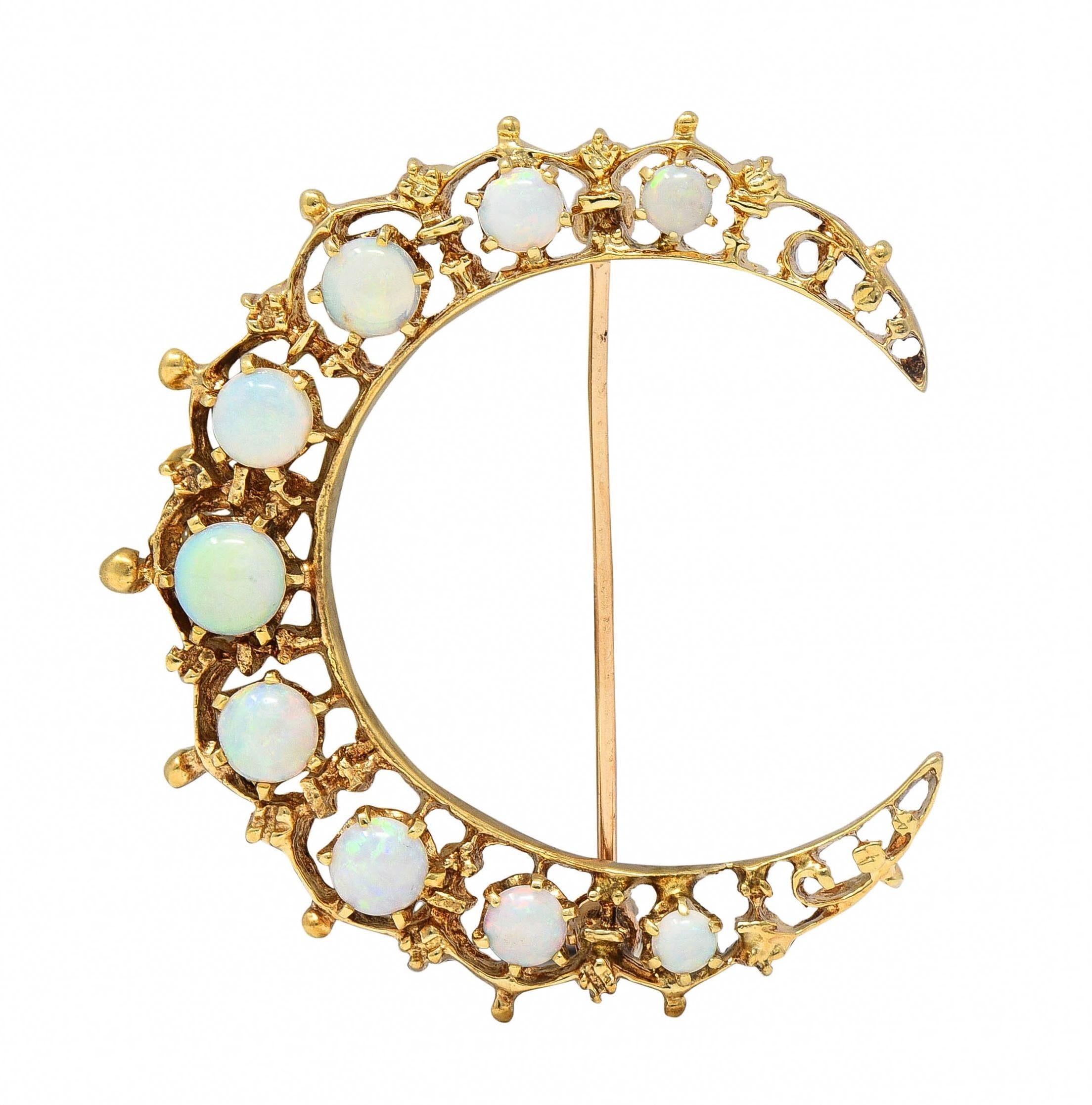 Victorian Opal 14 Karat Yellow Gold Antique Crescent Brooch