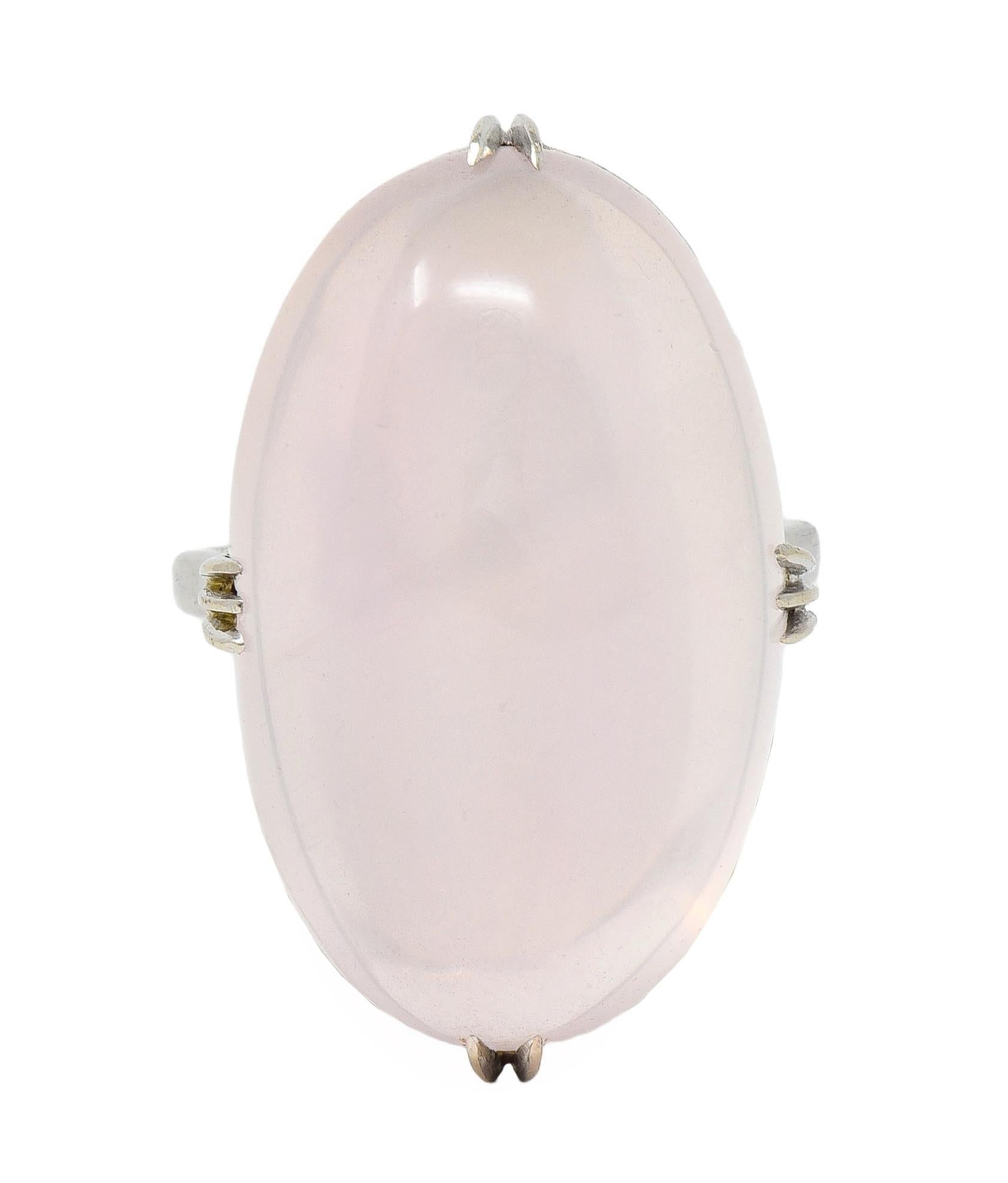 Mid-Century Rose Quartz Cabochon 14 Karat White Gold Vintage Cocktail Ring