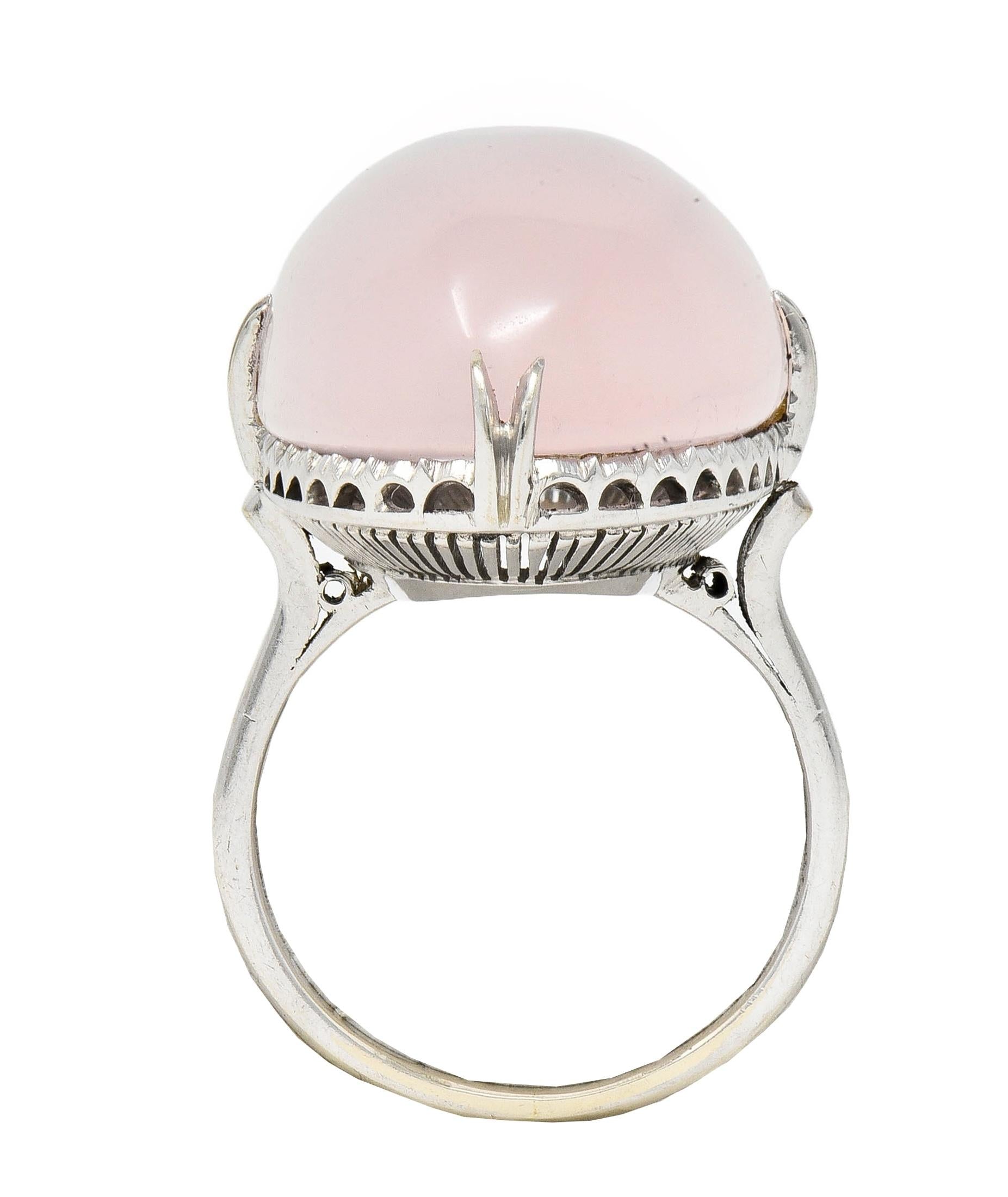 Mid-Century Rose Quartz Cabochon 14 Karat White Gold Vintage Cocktail Ring