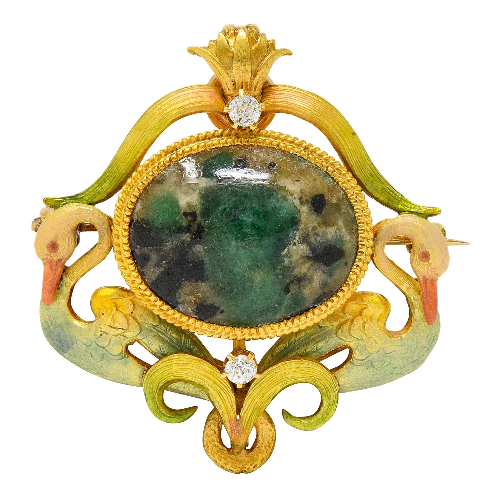 Krementz Art Nouveau Diamond Agate Enamel 14K Antique Swan Pendant Brooch