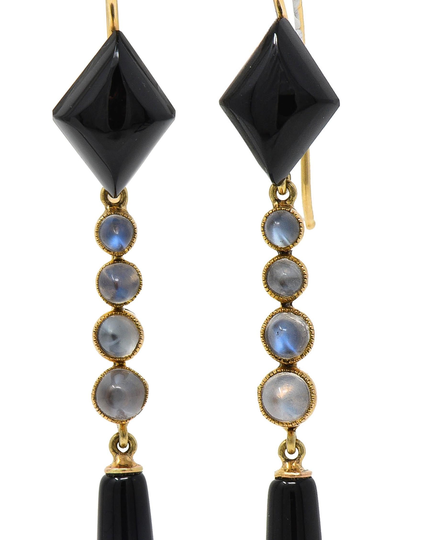 Victorian Onyx Moonstone 18 Karat Yellow Gold Antique Drop Earrings