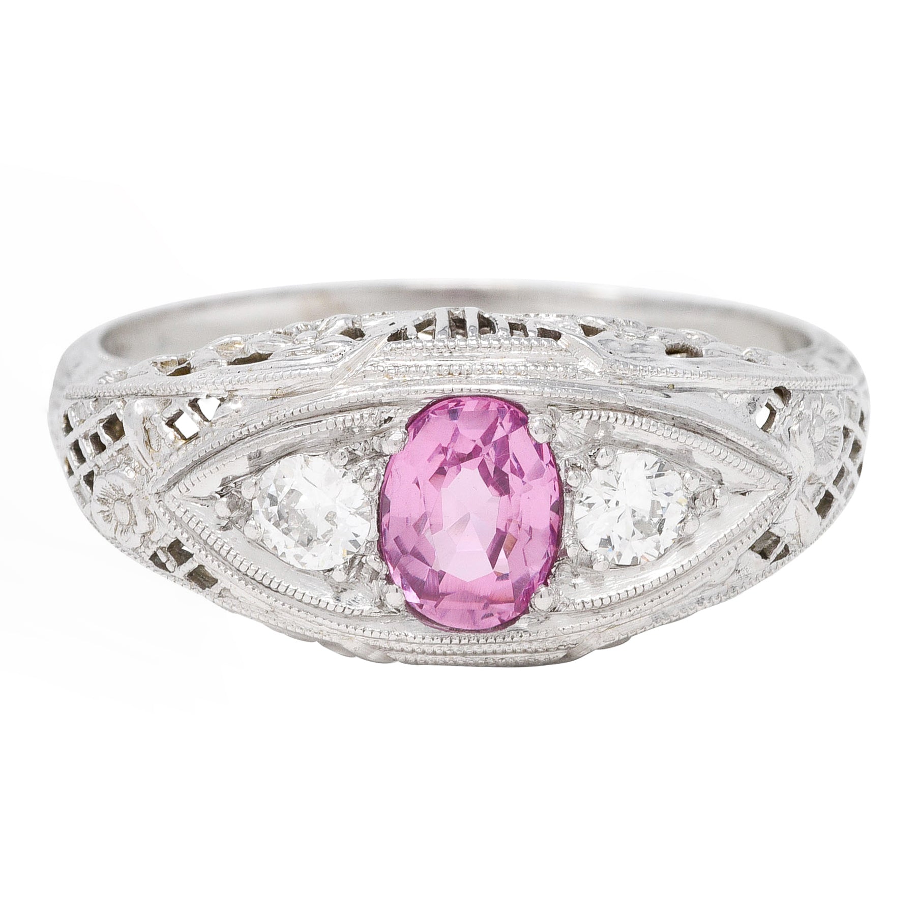 Art Deco 0.80 CTW Oval Cut Pink Sapphire Diamond 18 Karat White Gold Floral Garland Three Stone Ring Wilson's Estate Jewelry