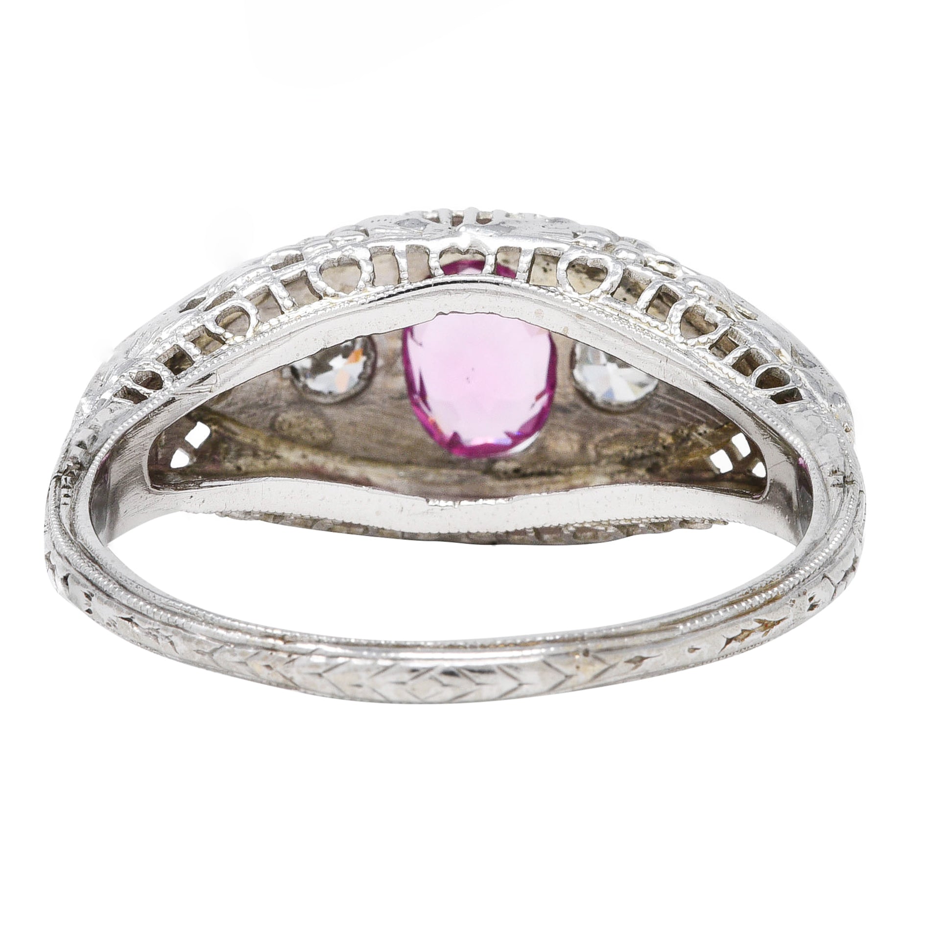 Art Deco 0.80 CTW Oval Cut Pink Sapphire Diamond 18 Karat White Gold Floral Garland Three Stone Ring Wilson's Estate Jewelry