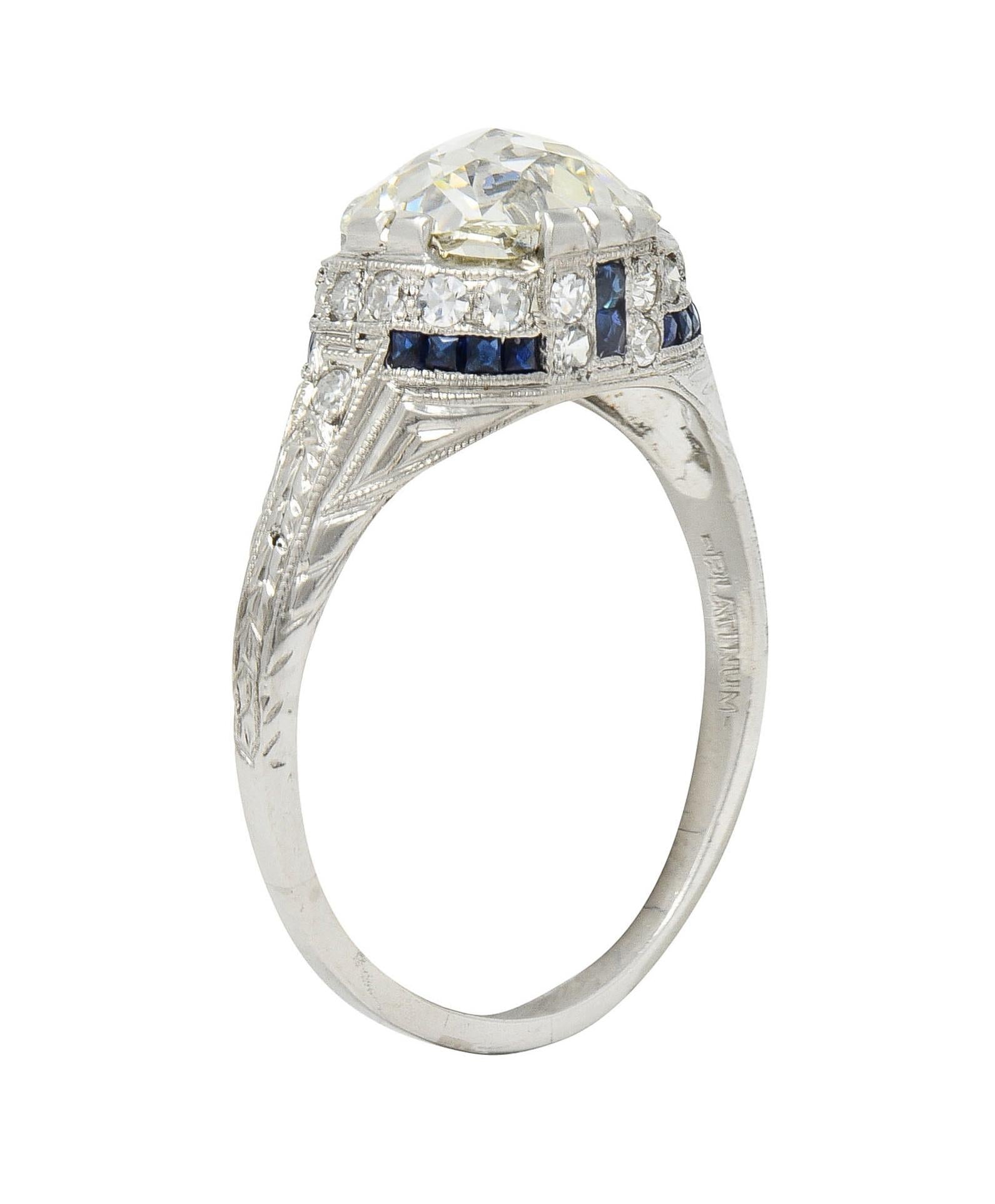 Art Deco 3.29 CTW Jubilee Diamond Sapphire Platinum Vintage Engagement Ring GIA