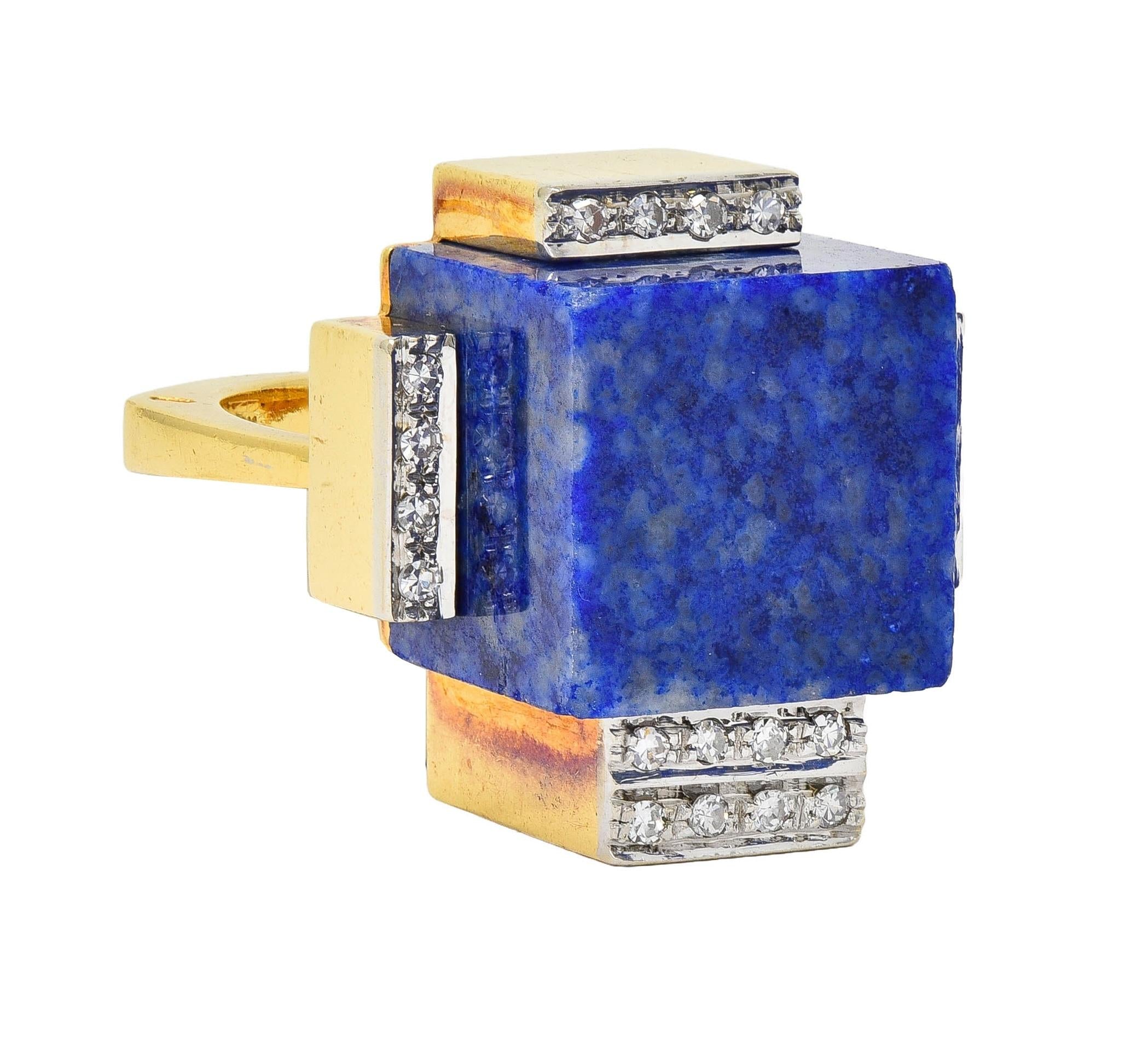 Dutch Modernist Lapis Lazuli Diamond Platinum 18 Karat Gold Vintage Cube Ring