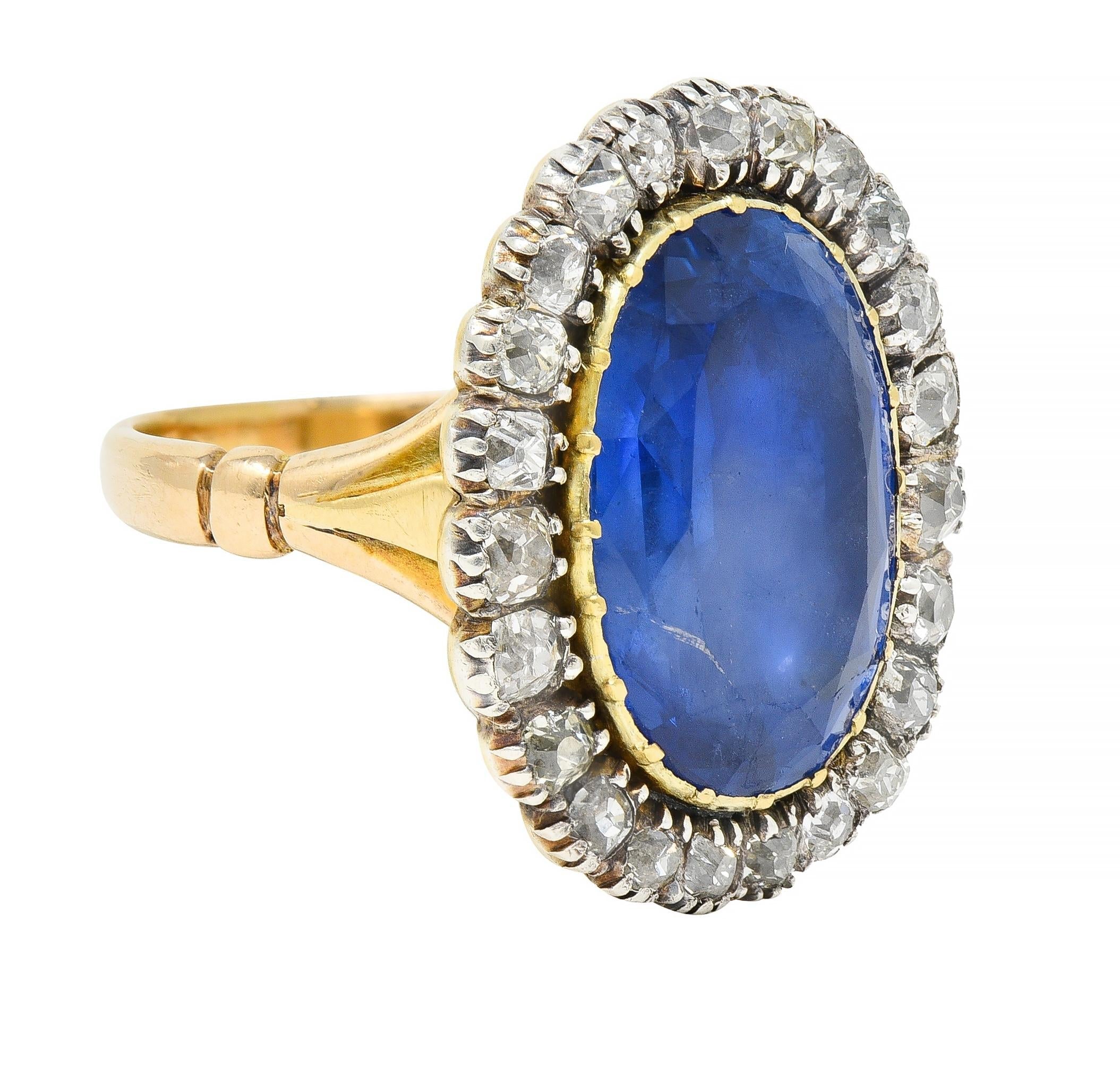 Georgian 13.01 CTW No Heat Burma Sapphire Diamond Silver 14 Karat Gold Ring