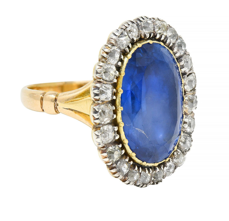 Georgian 13.01 CTW No Heat Burma Sapphire Diamond Silver 14 Karat Gold Ring