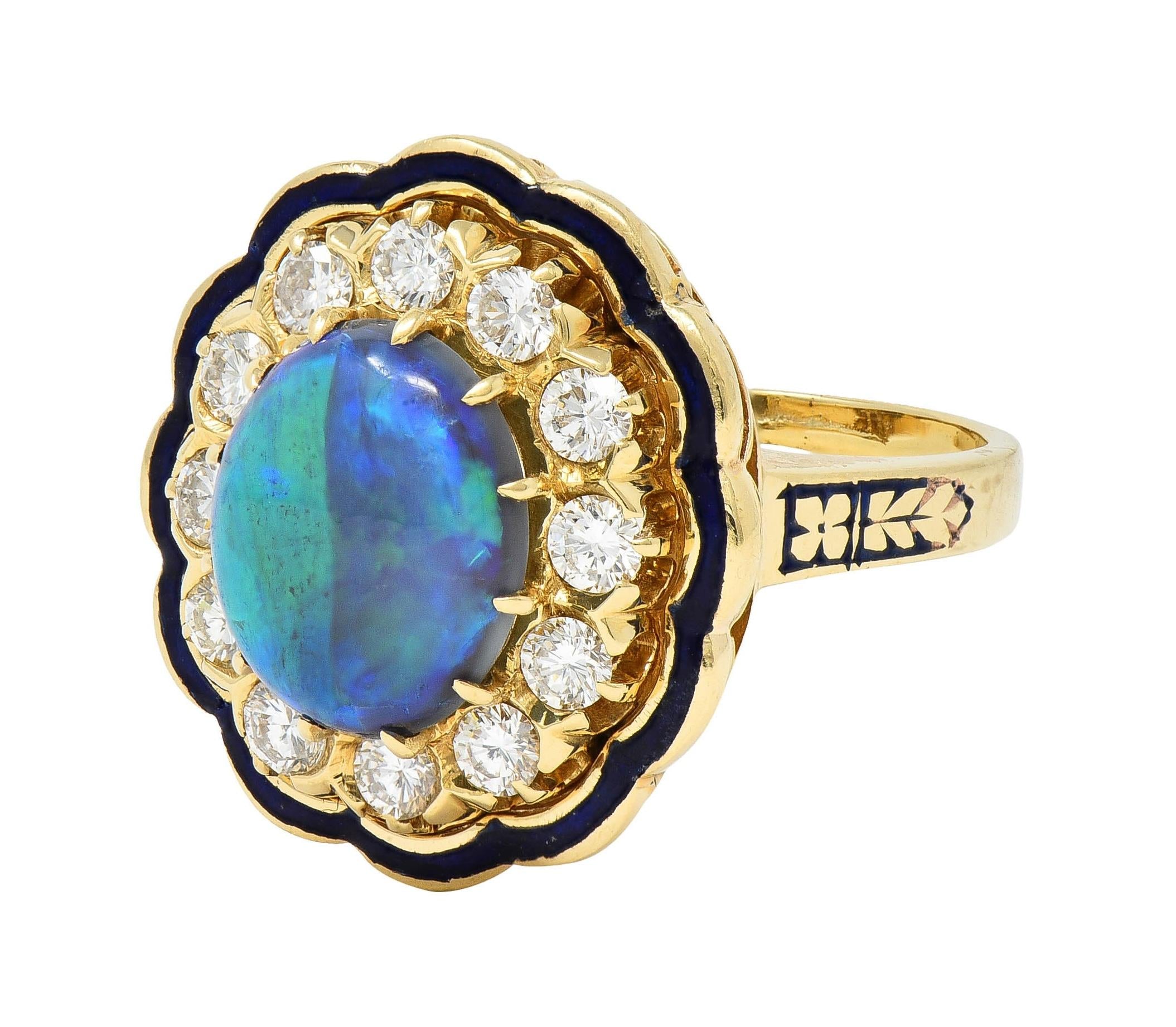 1960's Victorian Revival Black Opal Diamond Enamel 14K Gold Vintage Halo Ring