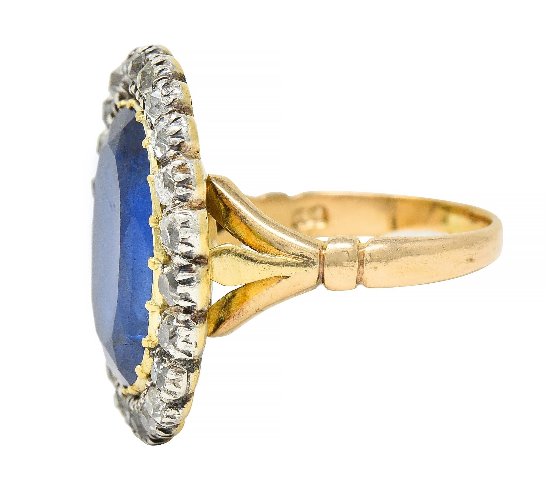 Georgian 13.01 CTW No Heat Burma Sapphire Diamond Silver 14 Karat Gold Ring