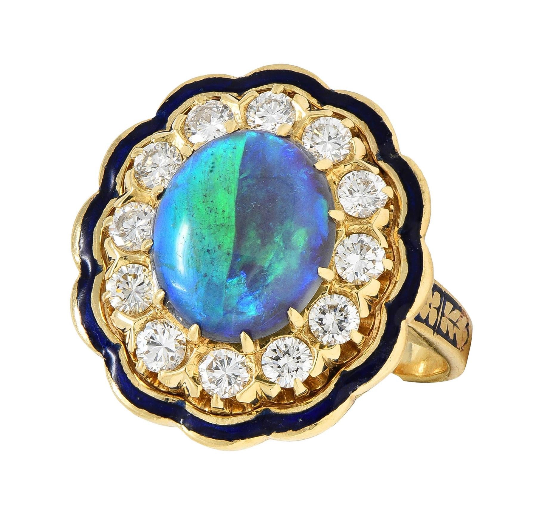 1960's Victorian Revival Black Opal Diamond Enamel 14K Gold Vintage Halo Ring