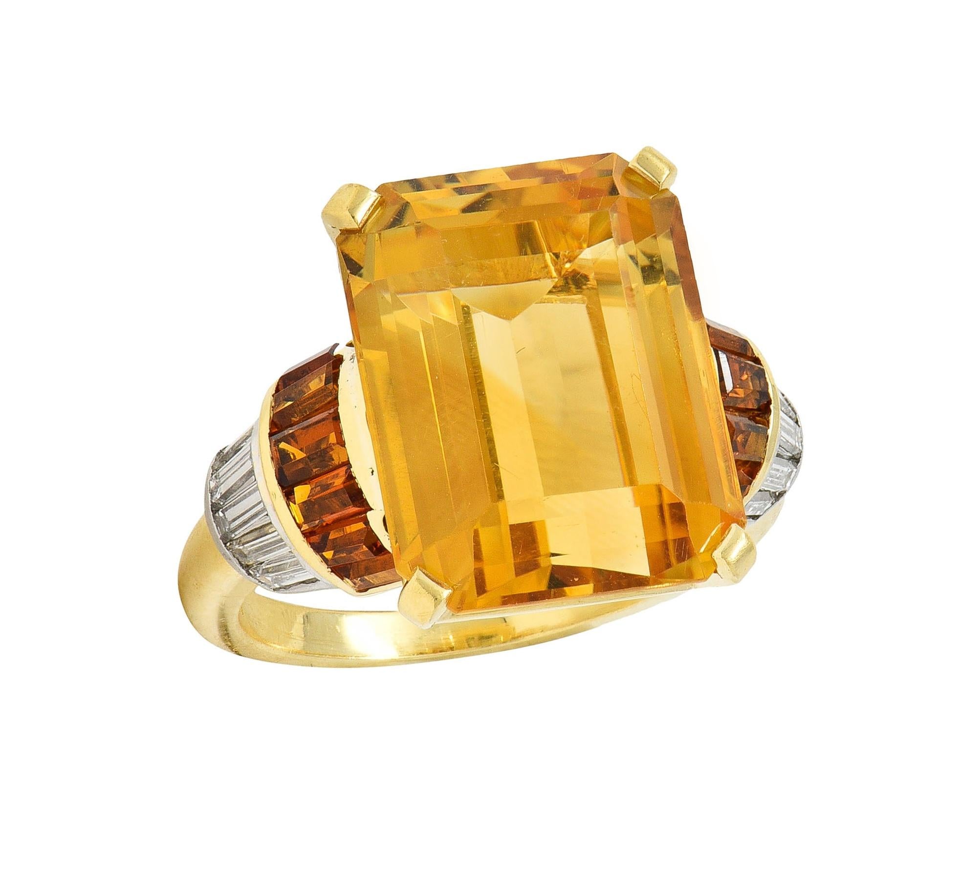 Mid-Century 14.85 CTW Citrine Diamond Platinum 18 Karat Gold Vintage Ring