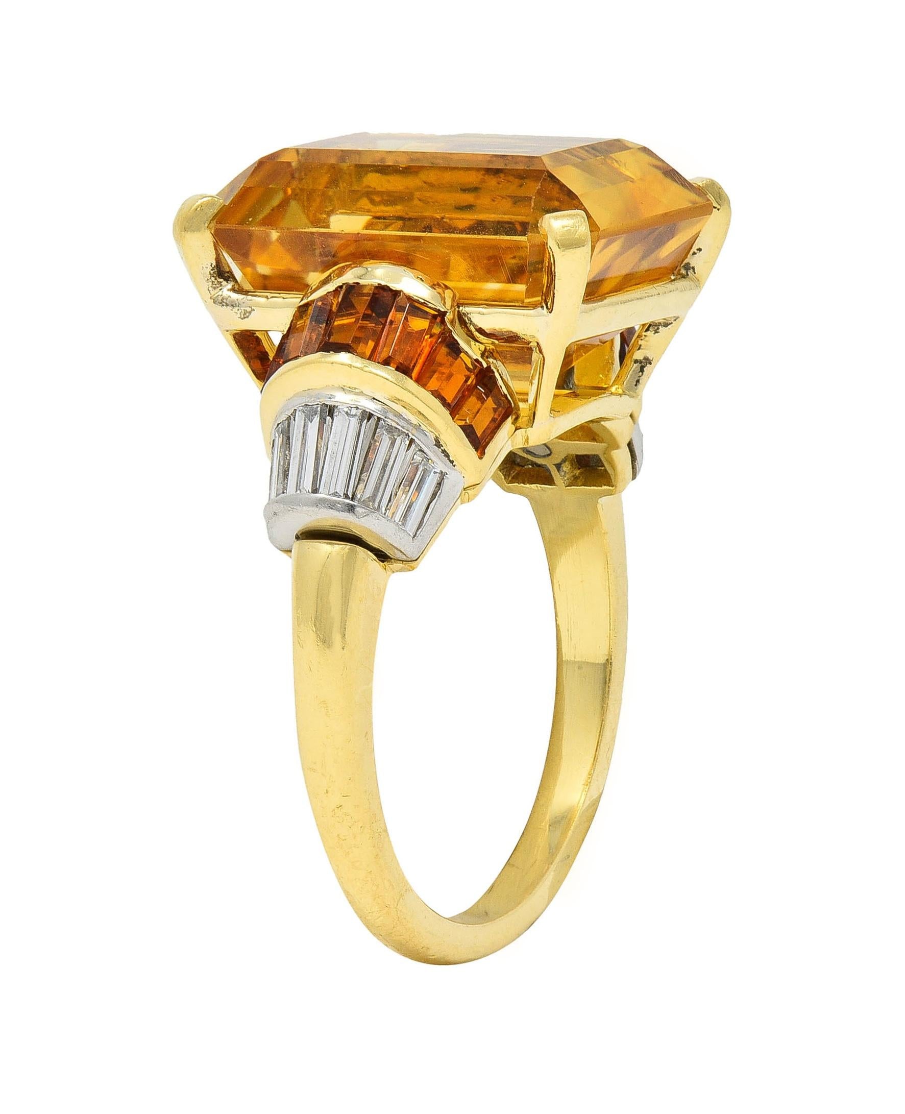 Mid-Century 14.85 CTW Citrine Diamond Platinum 18 Karat Gold Vintage Ring