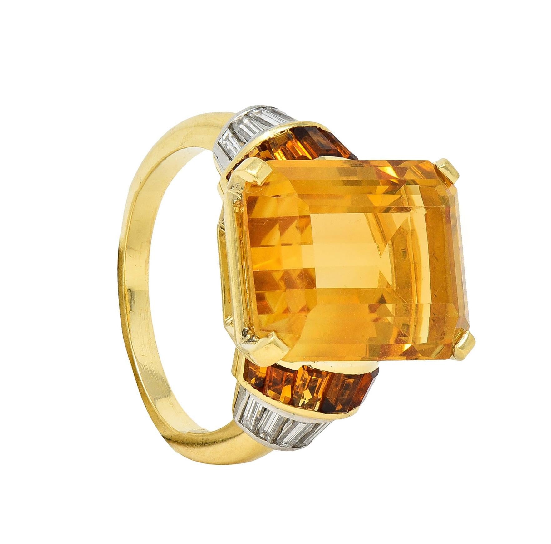 Mid-Century 14.85 CTW Citrine Diamond Platinum 18 Karat Gold Vintage Ring