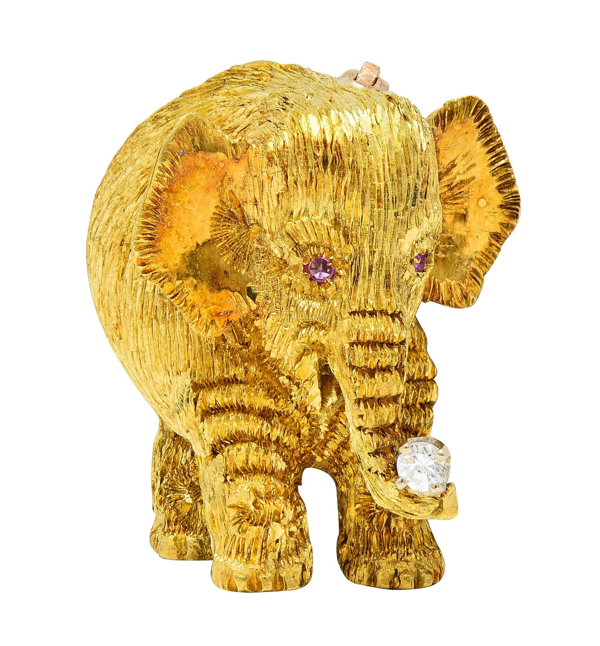 1960's Ruby Diamond 18 Karat Two-Tone Gold Vintage Elephant Brooch