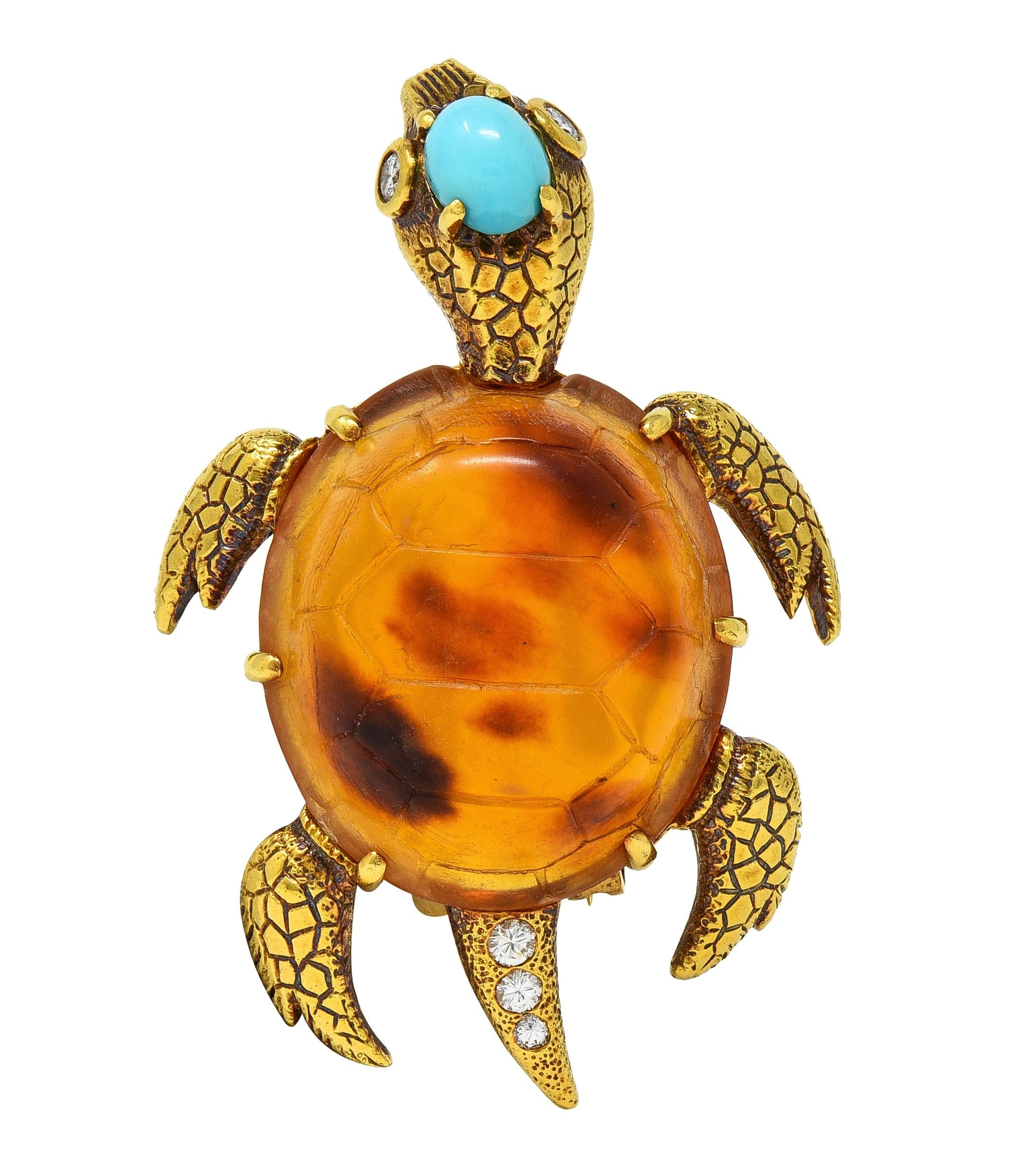 Cartier 1970's Diamond Turquoise Shell 18K Gold Vintage Turtle Tortoise Brooch