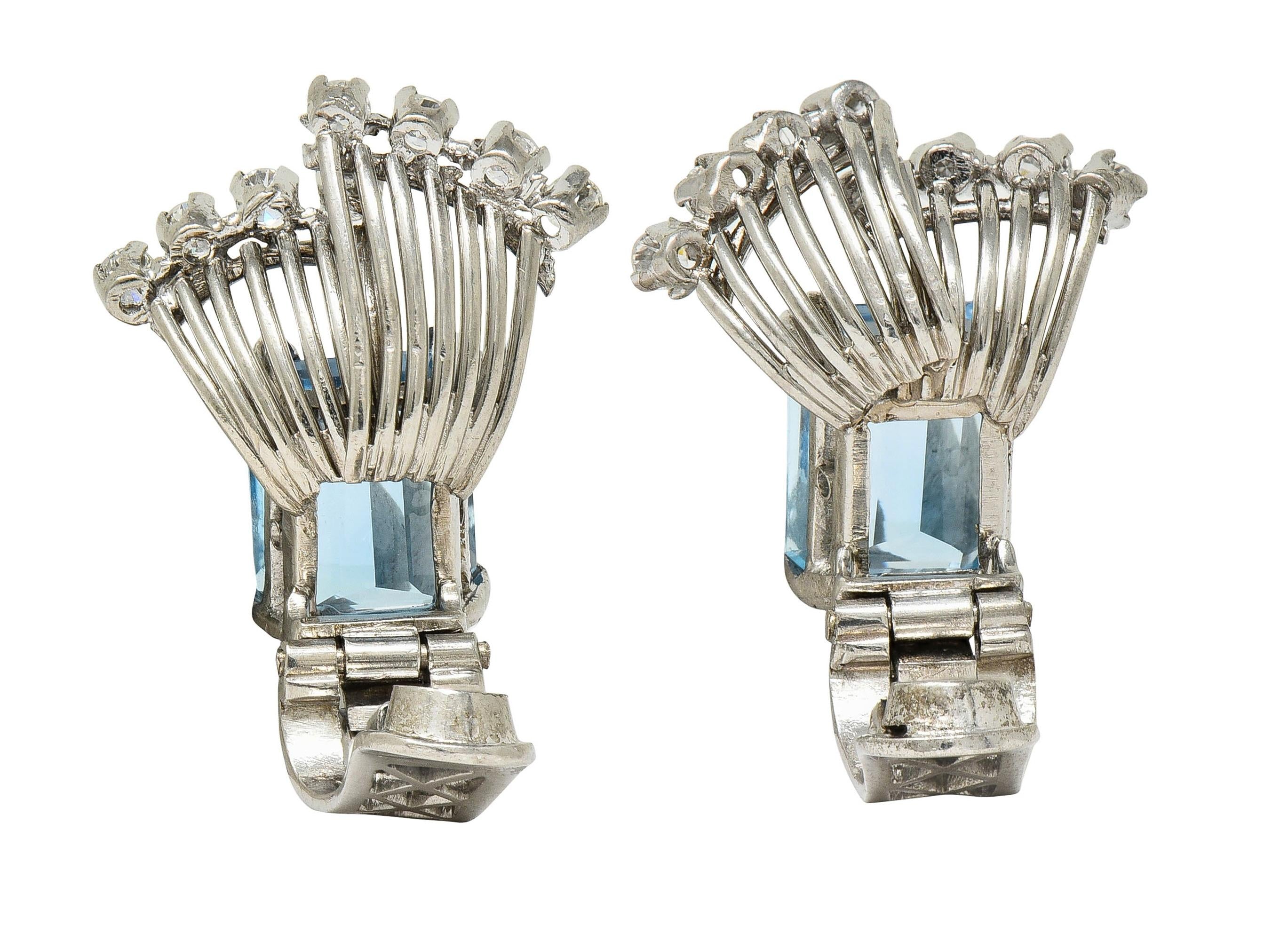 Mid-Century 5.26 CTW Aquamarine Diamond Platinum Vintage Ear-Clip Earrings