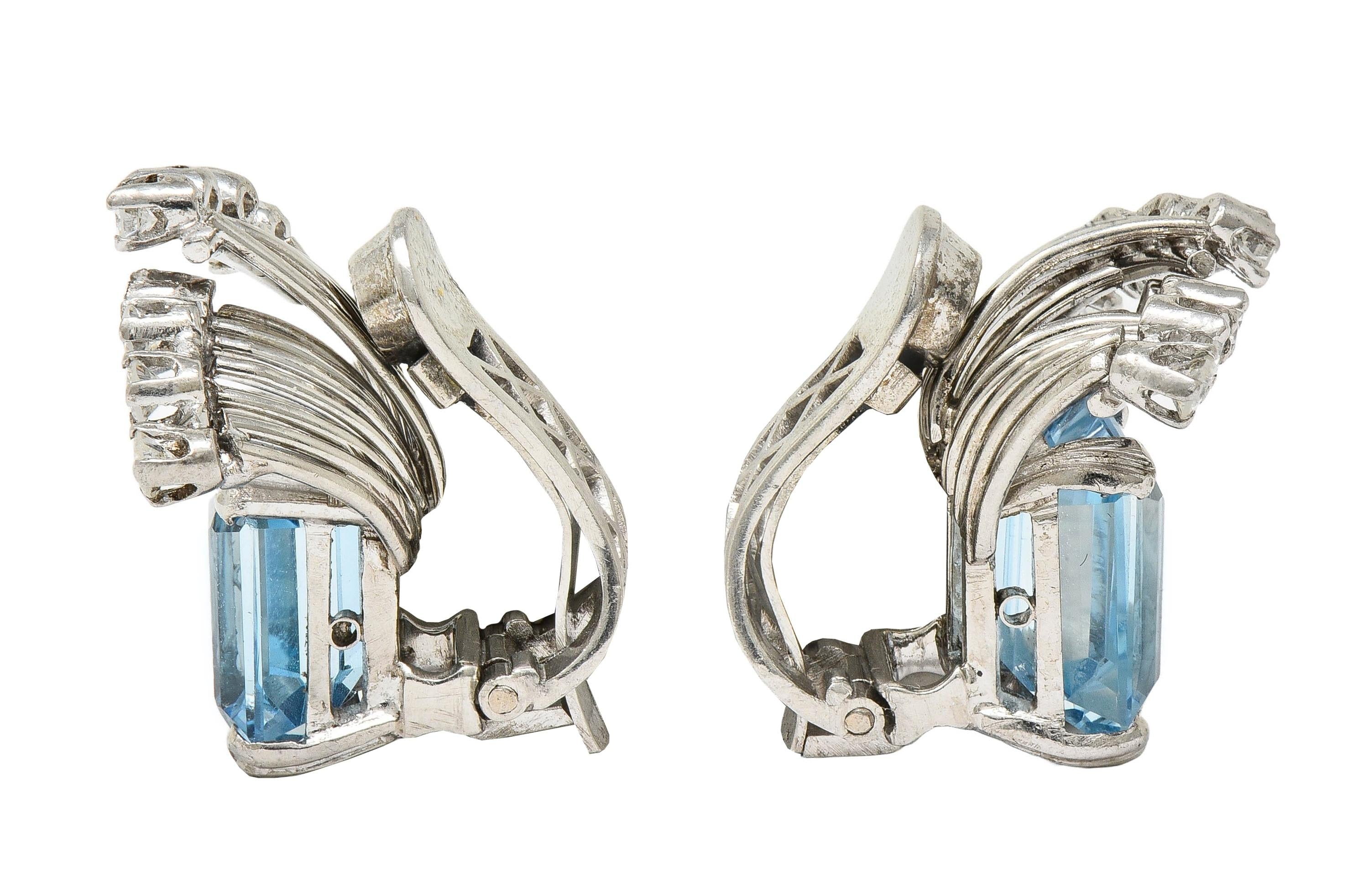 Mid-Century 5.26 CTW Aquamarine Diamond Platinum Vintage Ear-Clip Earrings