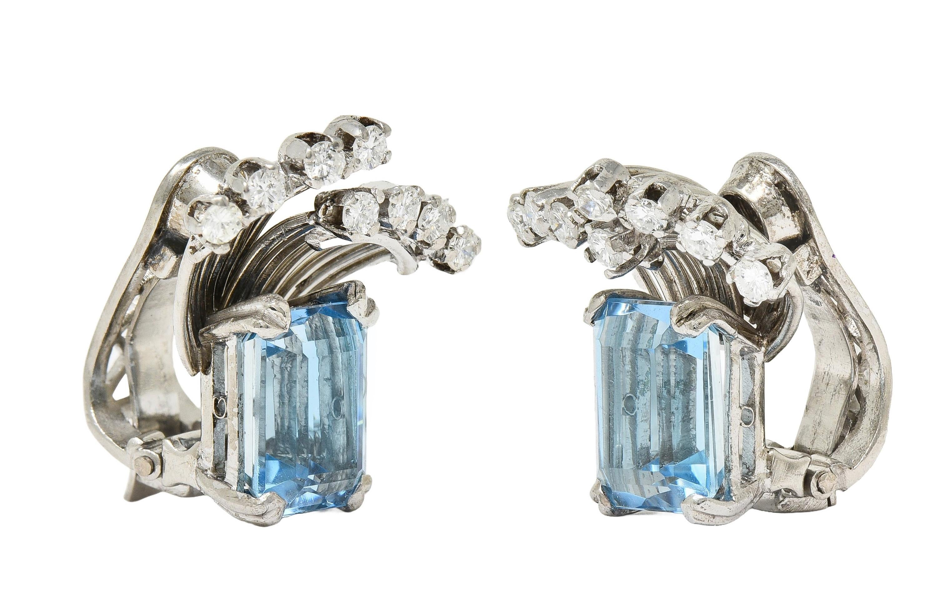 Mid-Century 5.26 CTW Aquamarine Diamond Platinum Vintage Ear-Clip Earrings