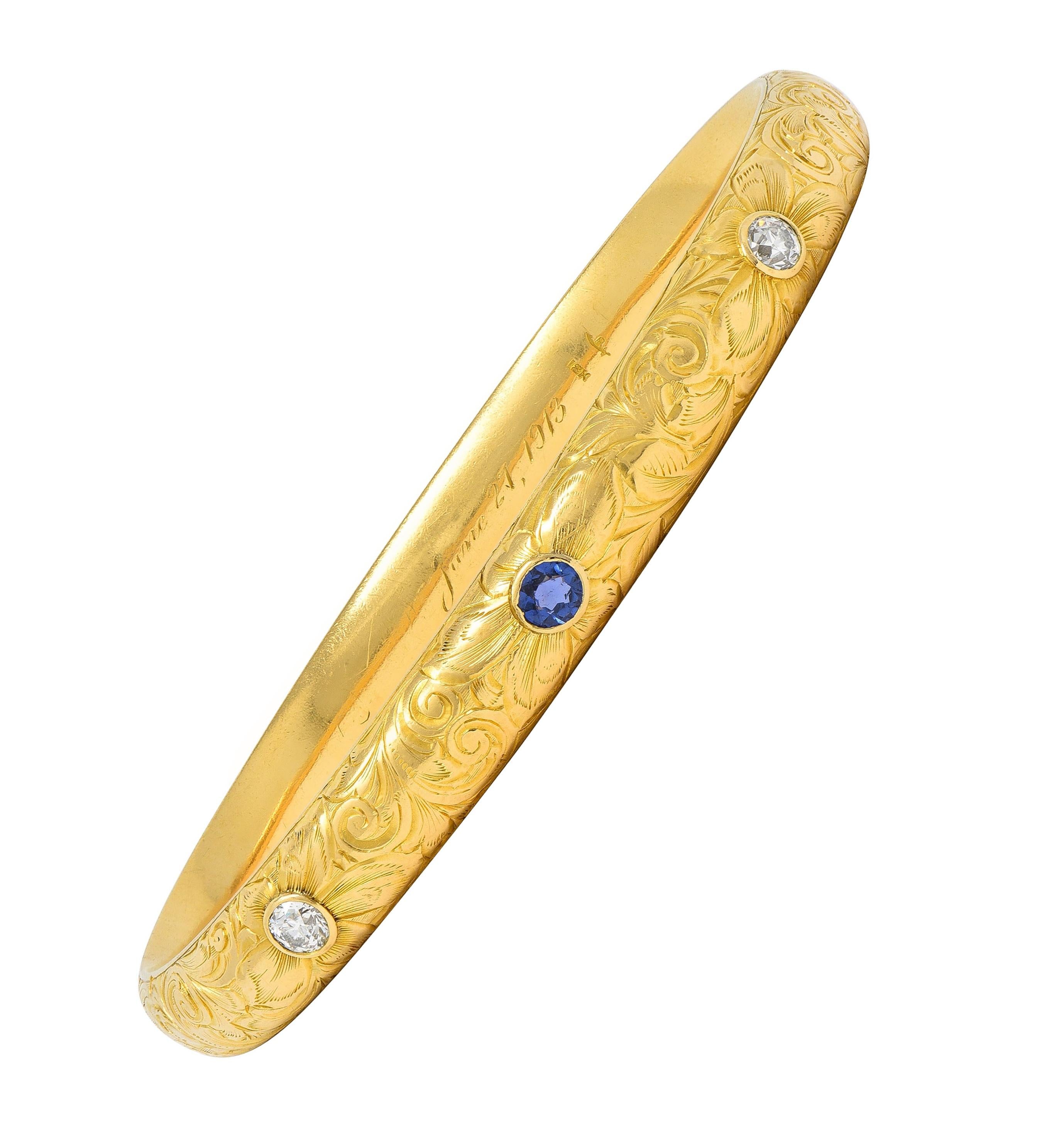 Riker Bros Art Nouveau 1913 Sapphire Diamond 18K Gold Antique Bangle Bracelet