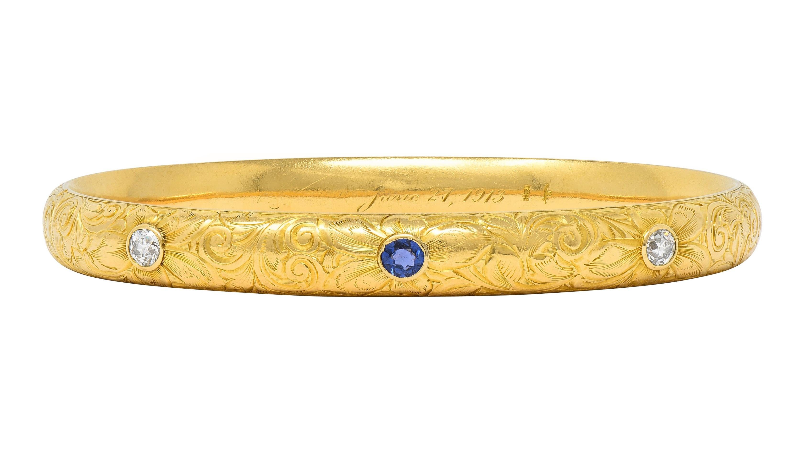 Riker Bros Art Nouveau 1913 Sapphire Diamond 18K Gold Antique Bangle Bracelet