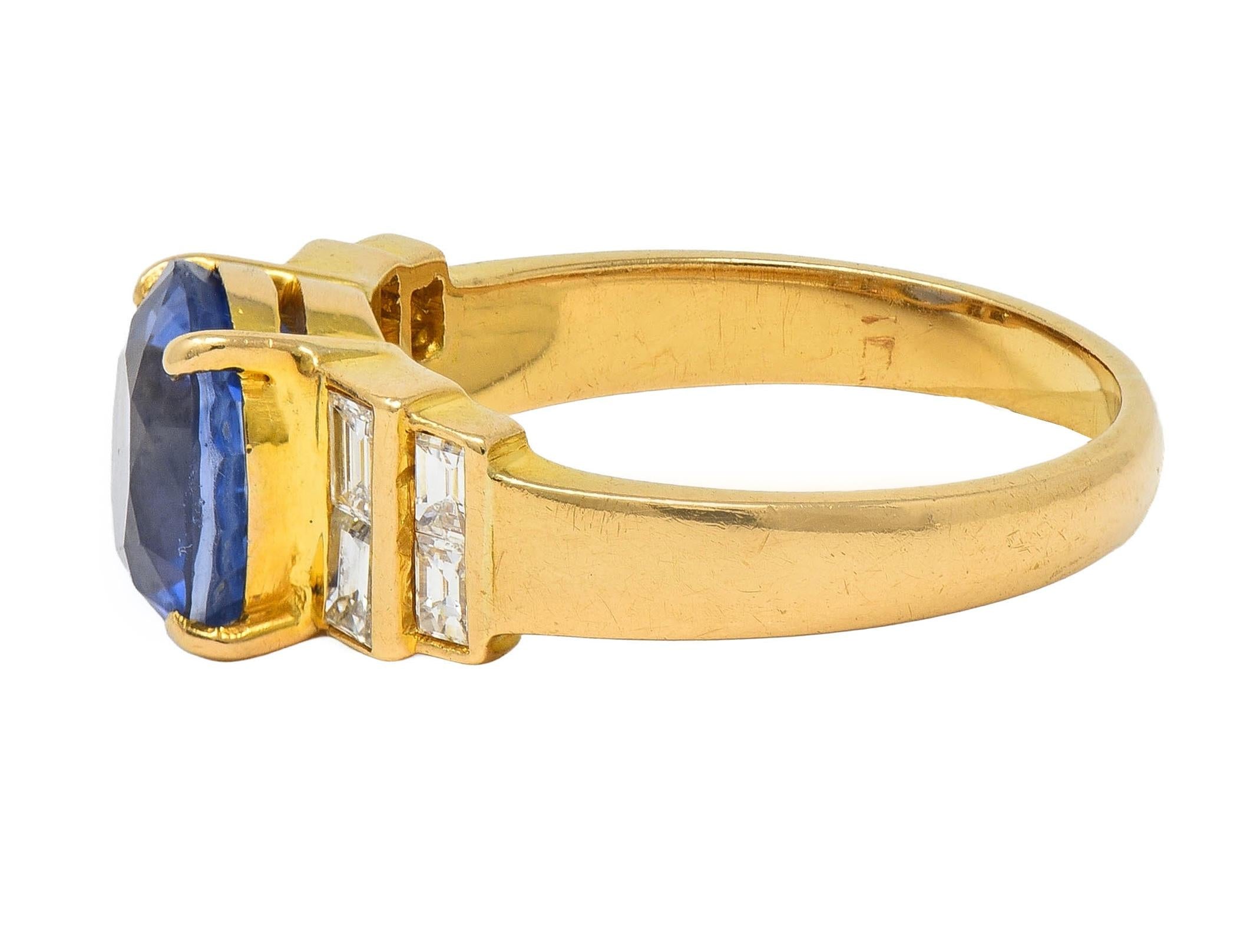 1980 4.07 CTW Ceylon Sapphire Diamond 18 Karat Yellow Gold Vintage Stepped Ring