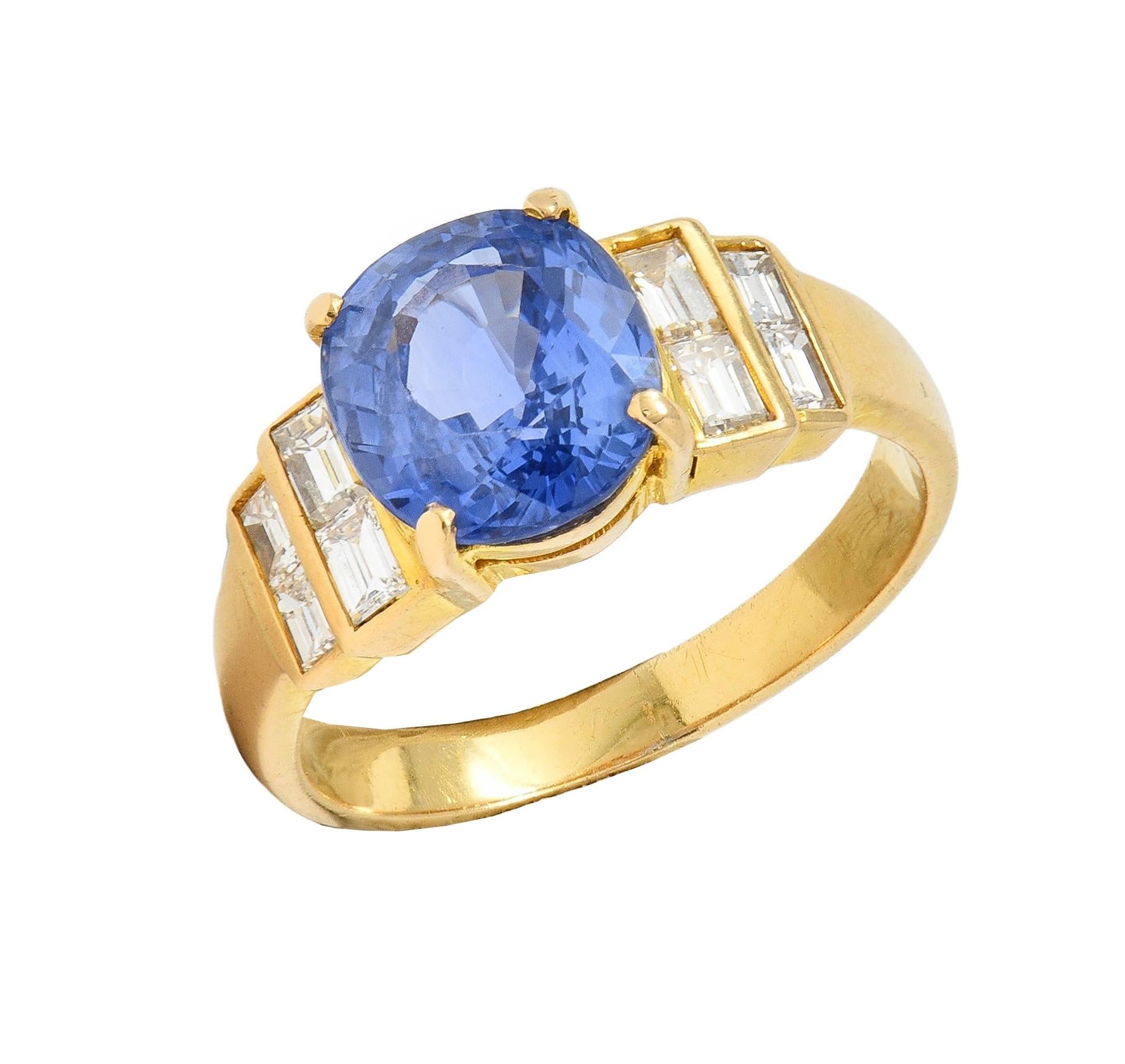 1980 4.07 CTW Ceylon Sapphire Diamond 18 Karat Yellow Gold Vintage Stepped Ring