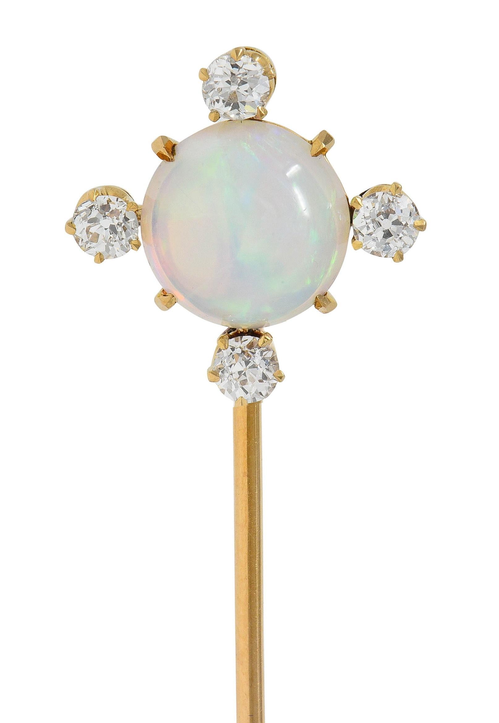 1880's Victorian Opal Diamond 18 Karat Yellow Gold Antique Quatrefoil Stickpin