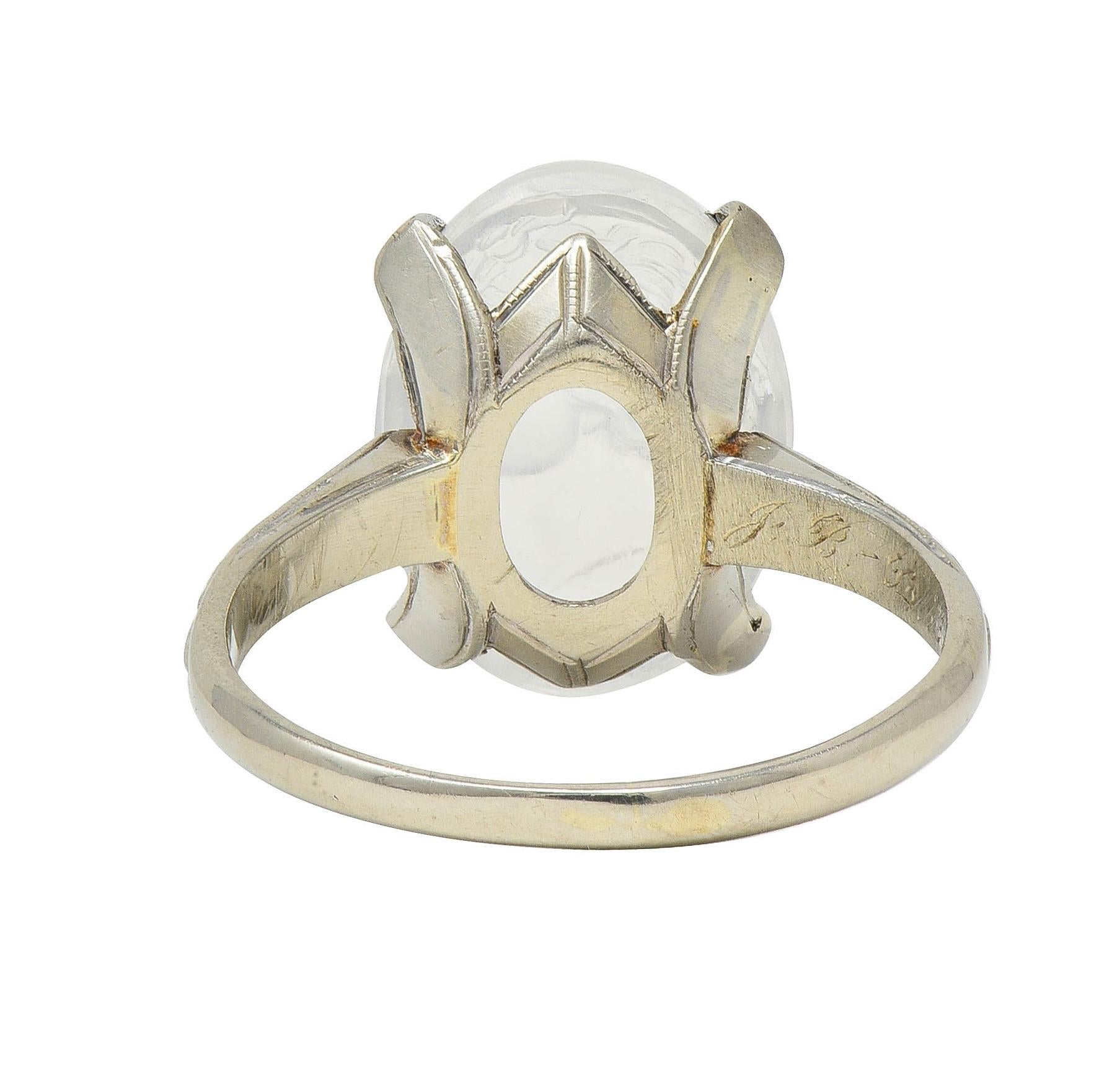 Retro 1943 Carved Moonstone 14 Karat White Gold Vintage Intaglio Ring