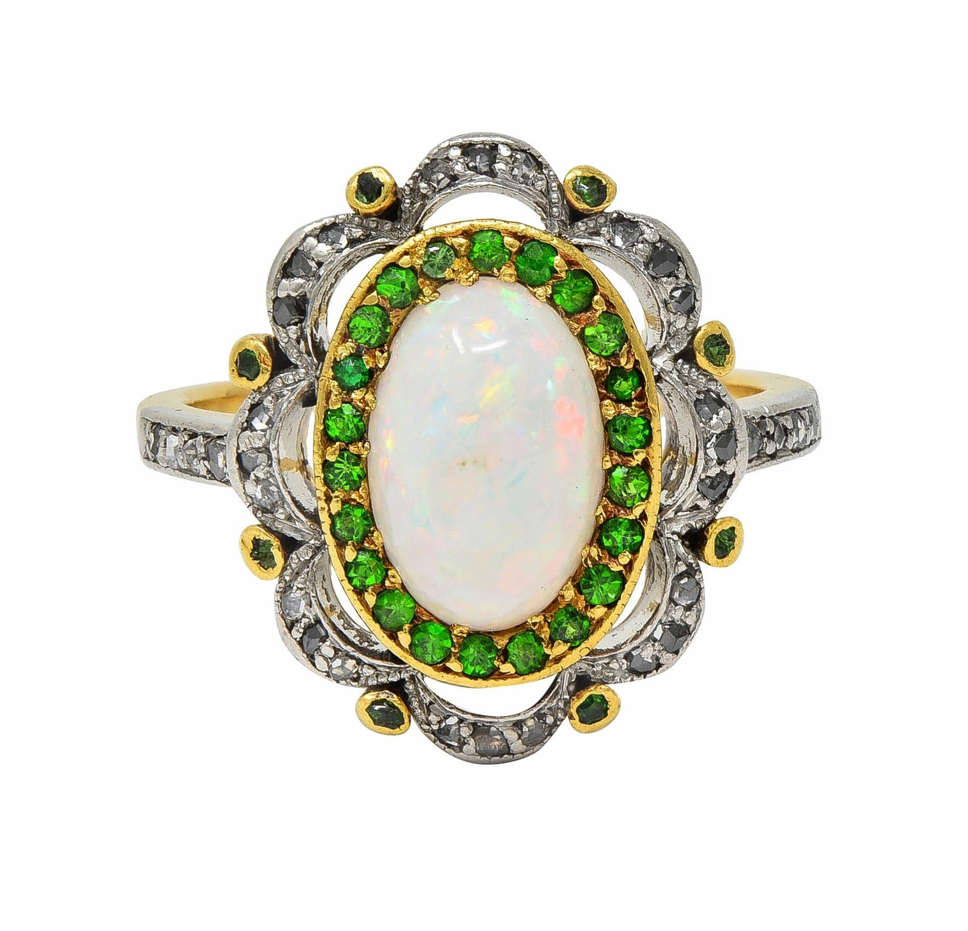 Edwardian Opal Diamond Demantoid Garnet Platinum 18 Karat Gold Antique Ring