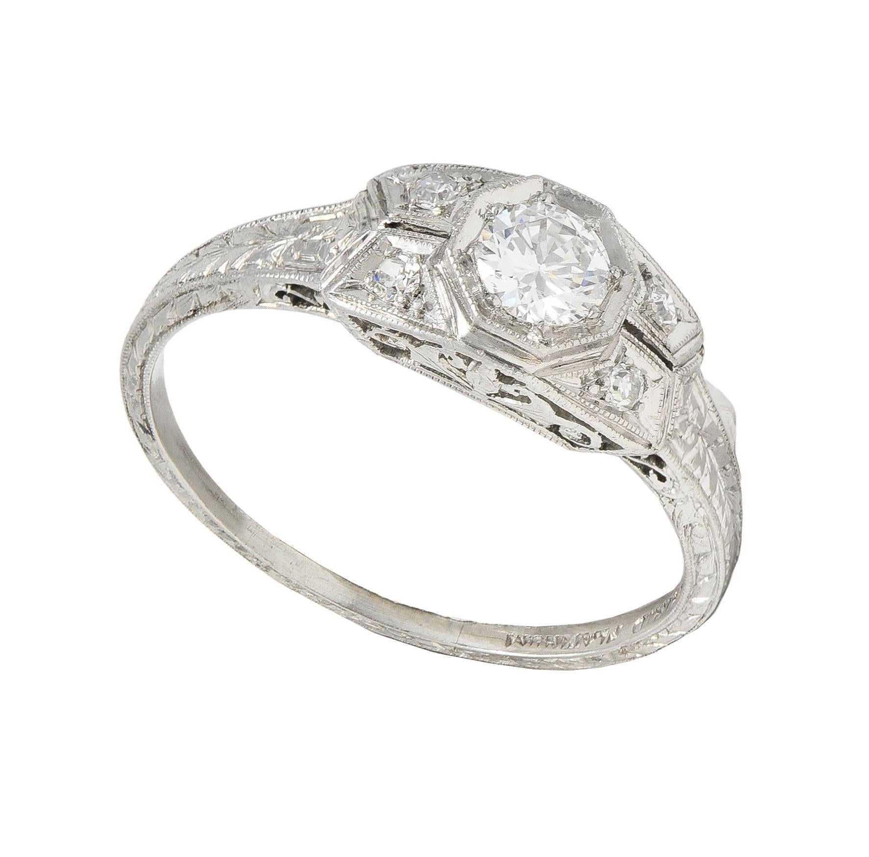 Art Deco 0.47 CTW Diamond Platinum Scrolling Foliate Vintage Engagement Ring